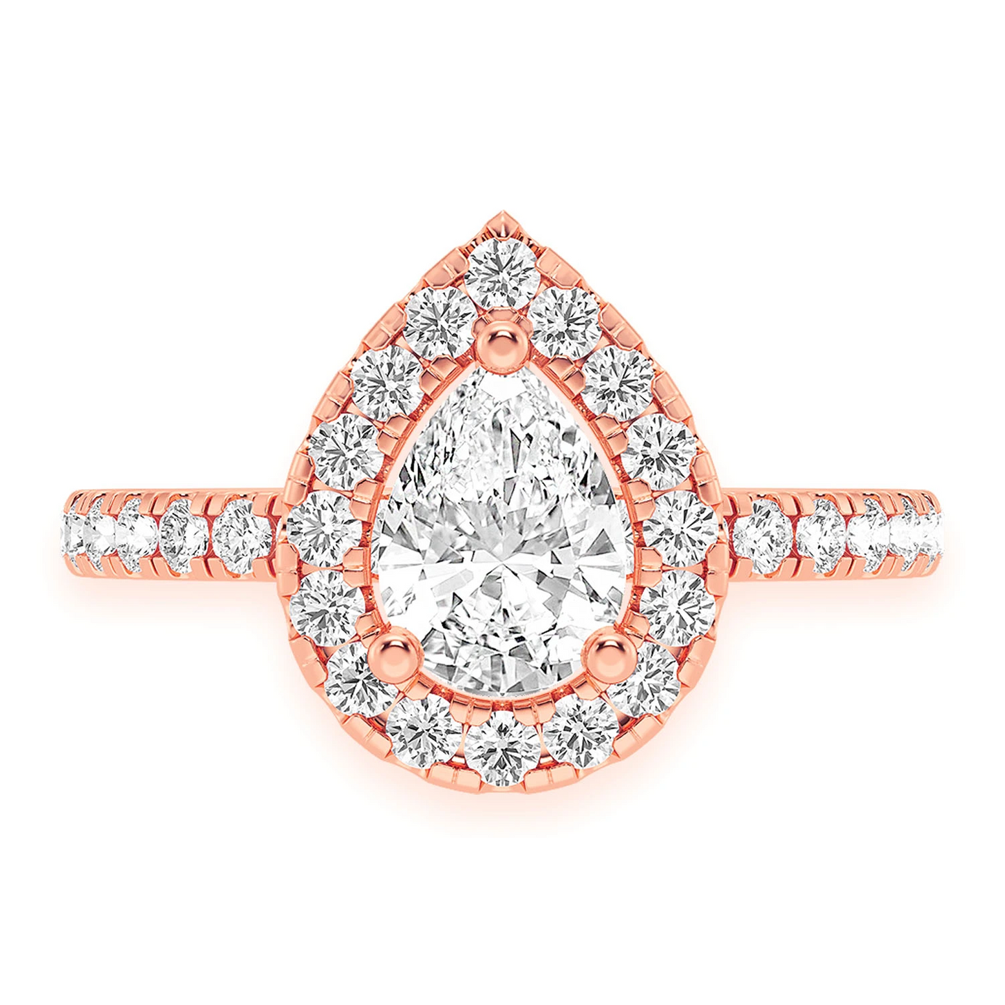 Pear Scallop Halo One Row Diamond Ring in 14K rose gold, front view