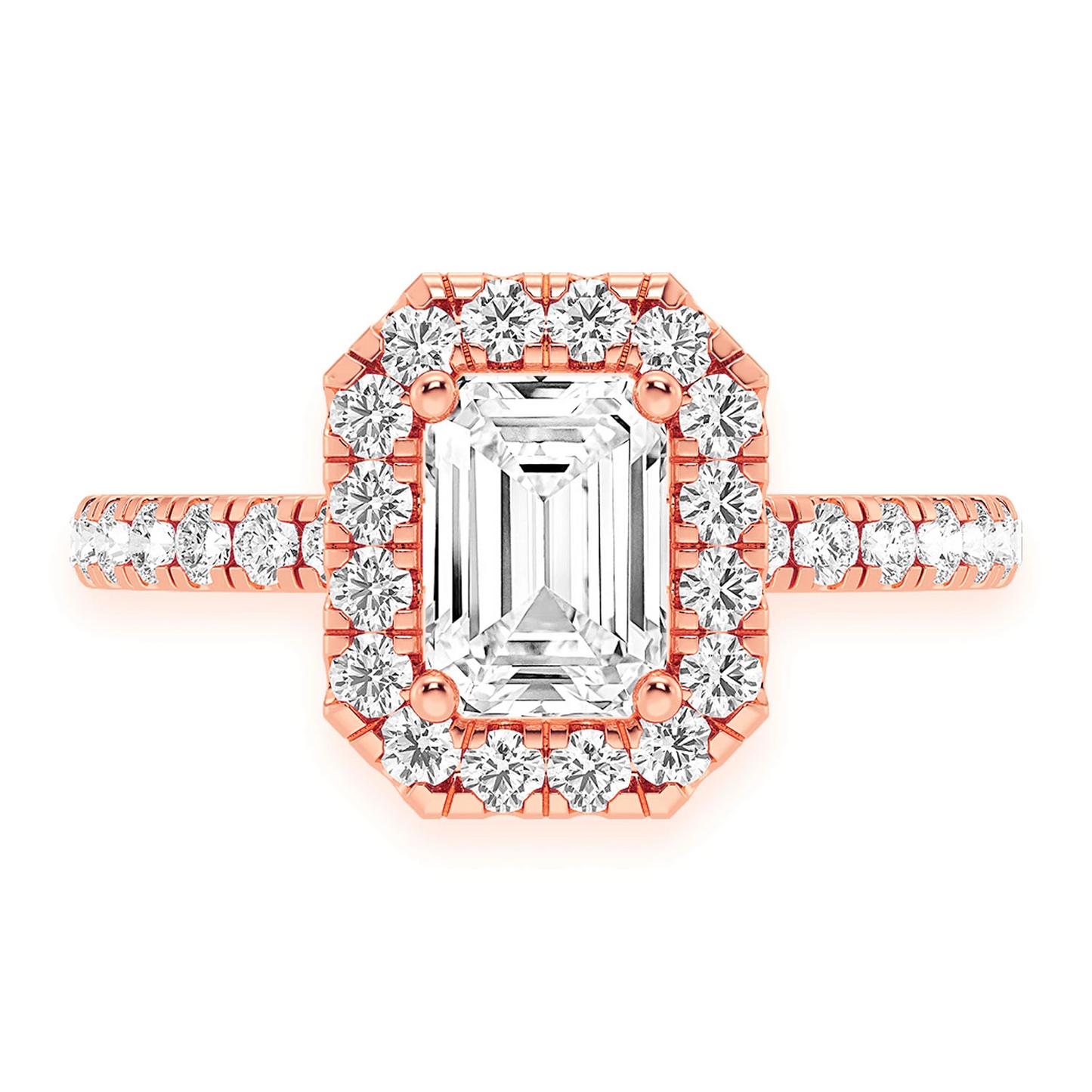 0.75ct Emerald Cut Halo Diamond Engagement Ring in 14K rose gold, front view