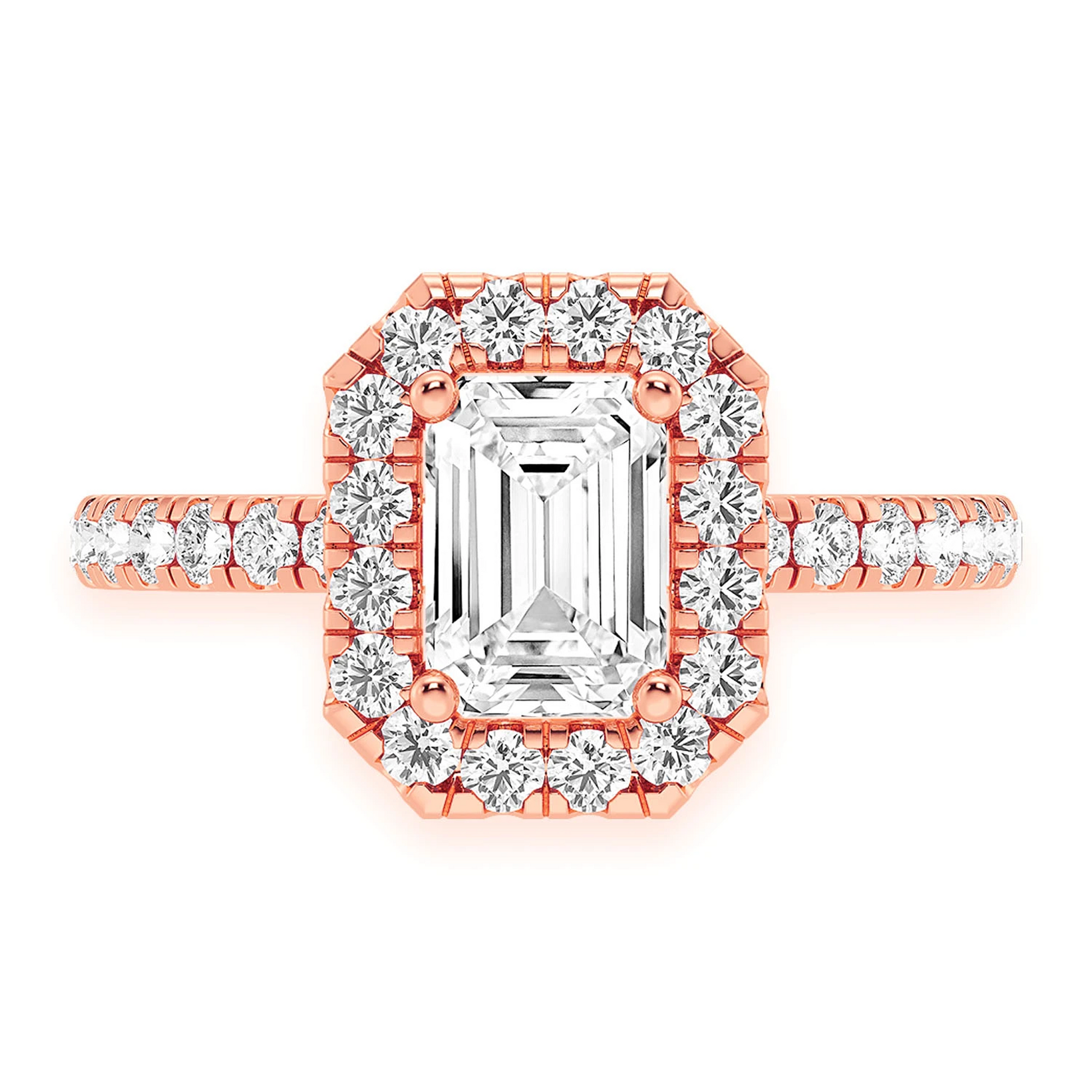0.75ct Emerald Cut Halo Diamond Engagement Ring in 14K rose gold, front view