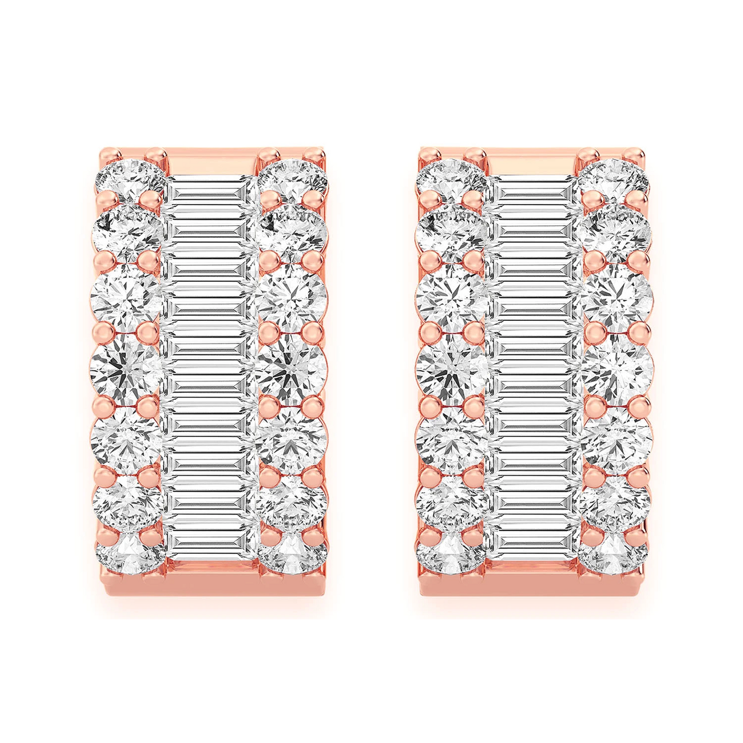 Baguette & Round Diamond Hoop Earrings in 14K rose gold, detail view