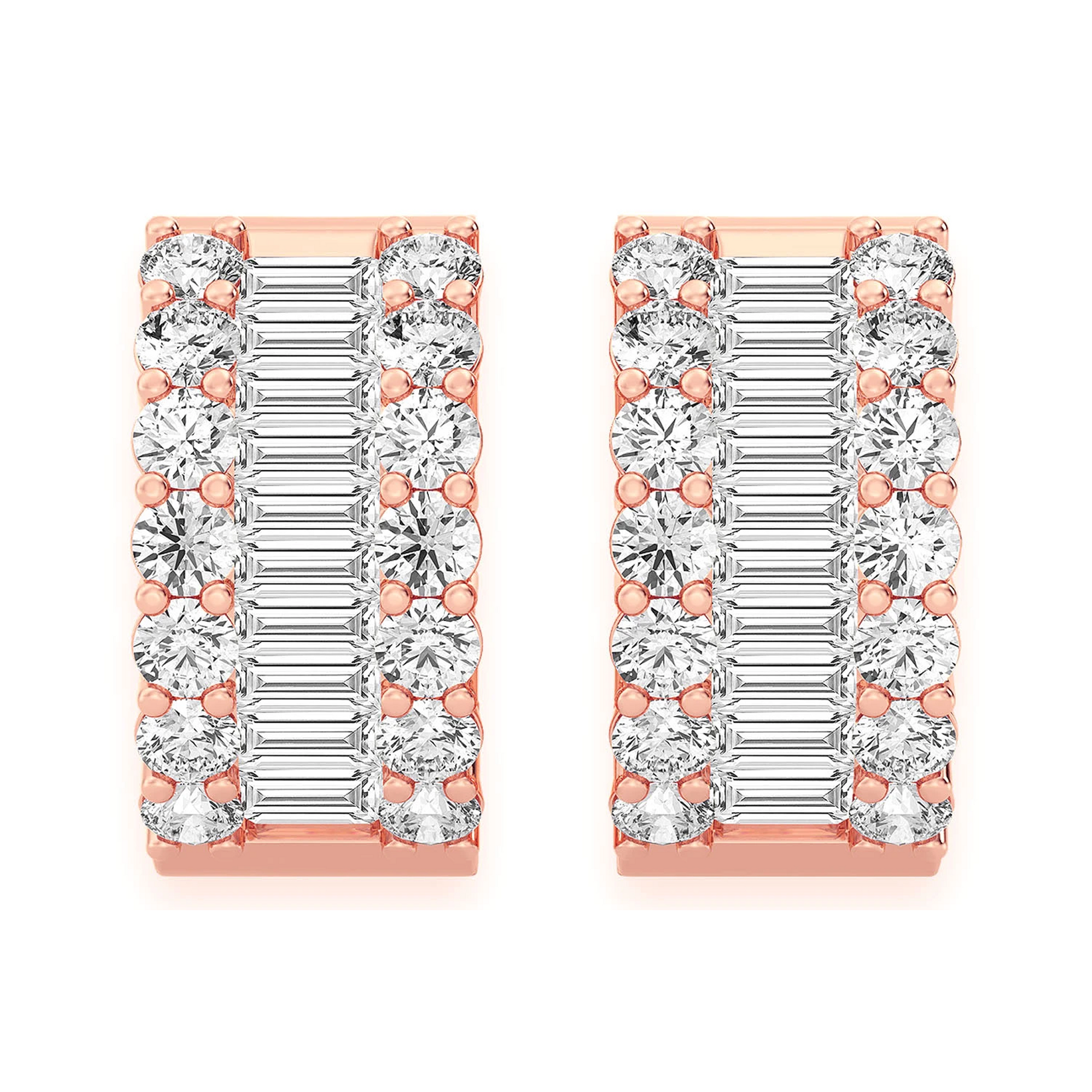 Baguette & Round Diamond Hoop Earrings in 14K rose gold, detail view