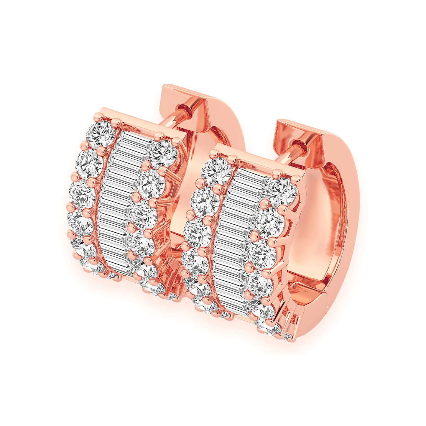 Baguette & Round Diamond Hoop Earrings in 14K rose gold, front view