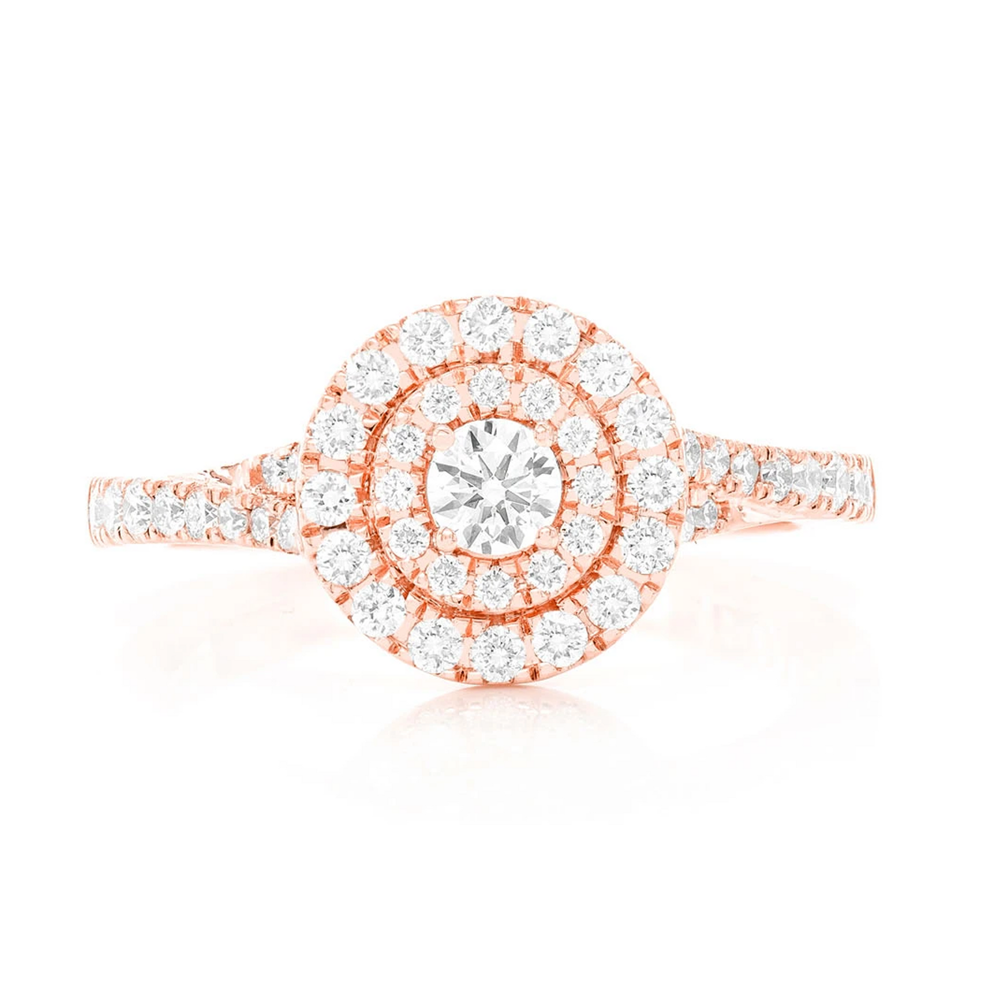 Classic Round Double Halo Diamond Ring in 14K rose gold, front view