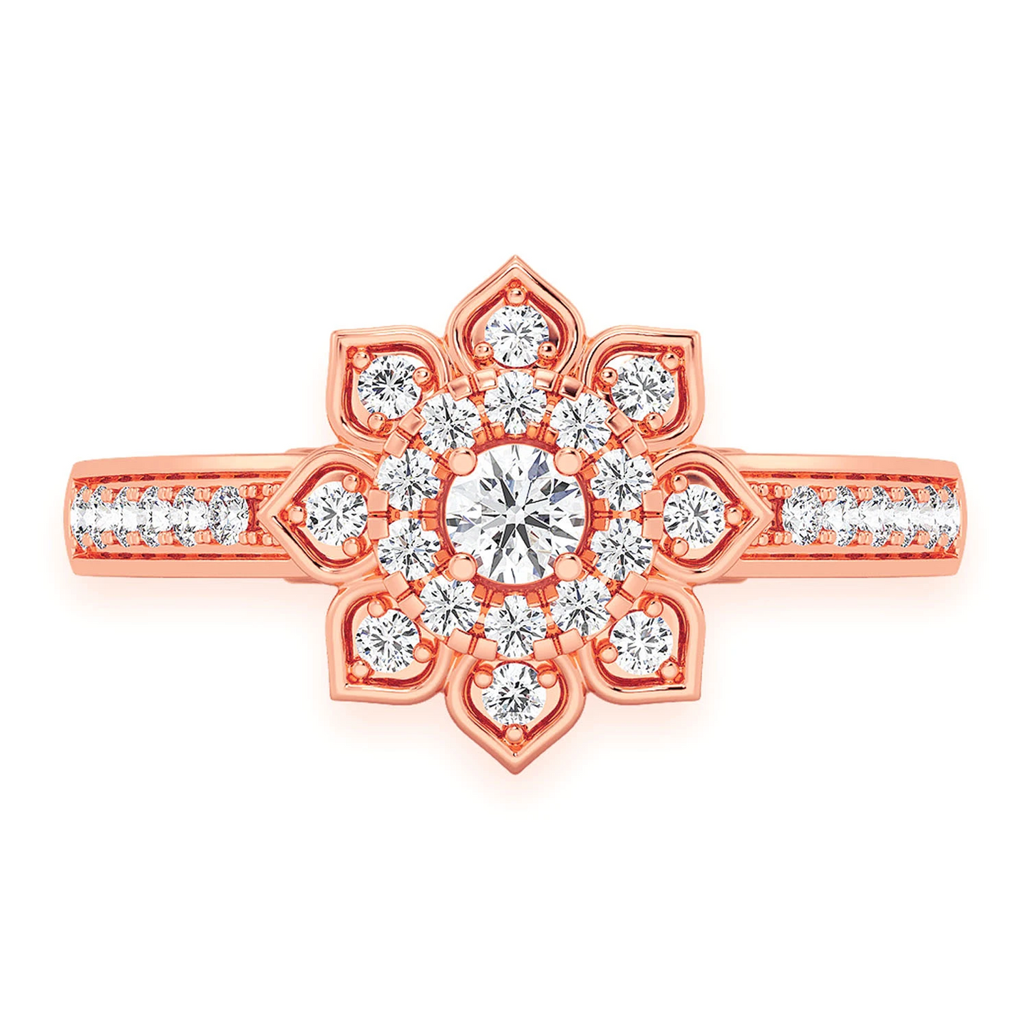 Single Band Layered Floral Engagement Ring in 14K rose gold, front view