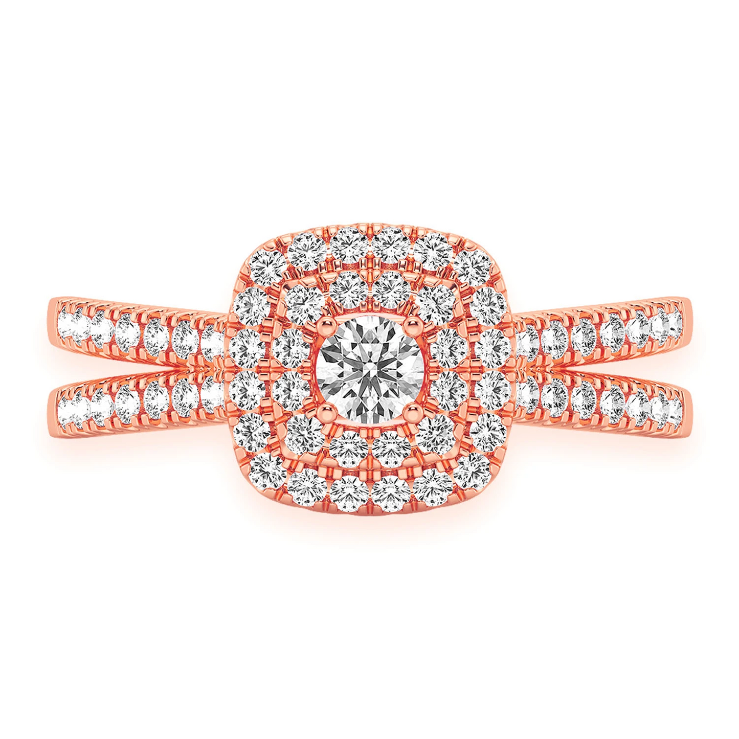 Three Layer Square Double Halo Engagement Ring in 14K rose gold, front view