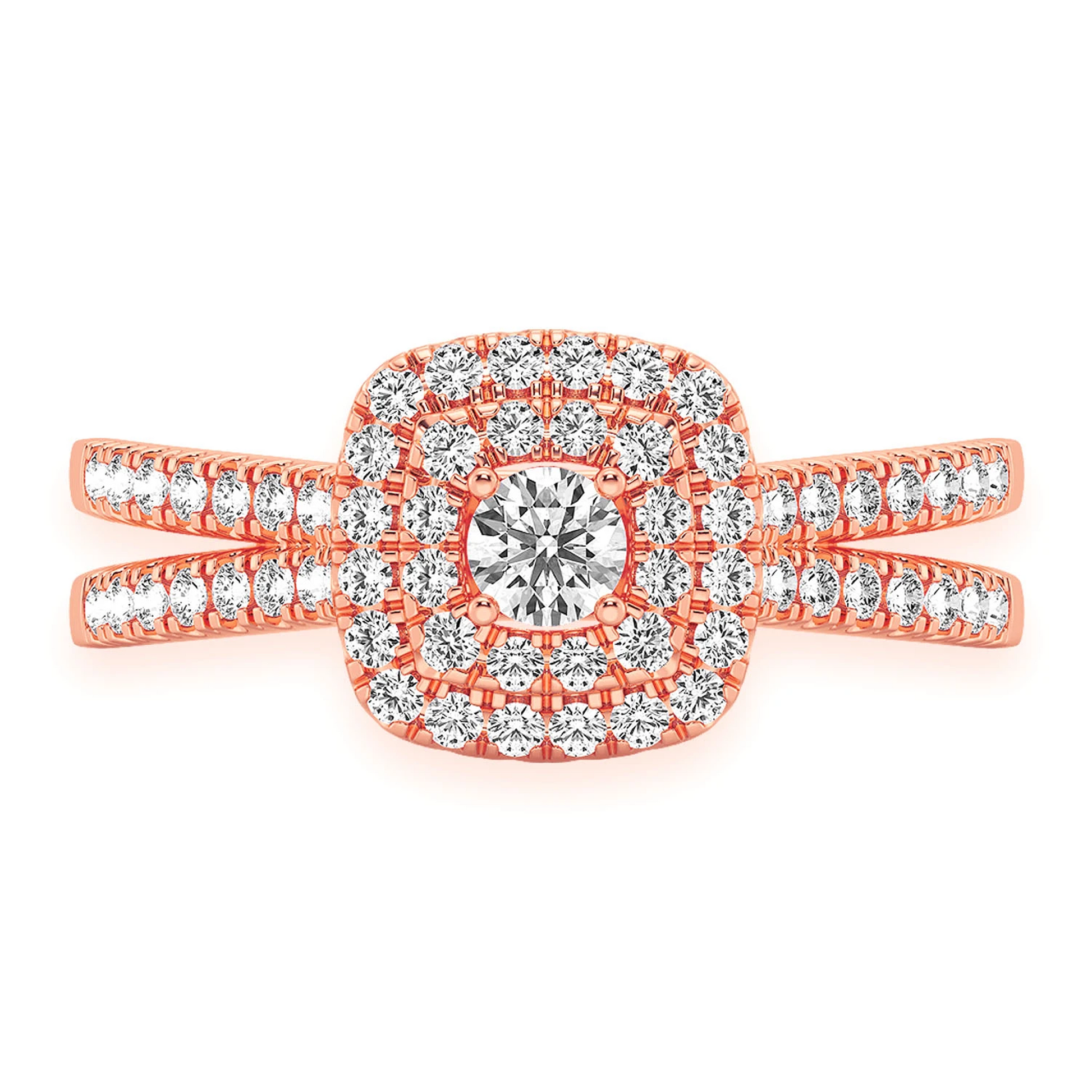 Three Layer Square Double Halo Engagement Ring in 14K rose gold, front view