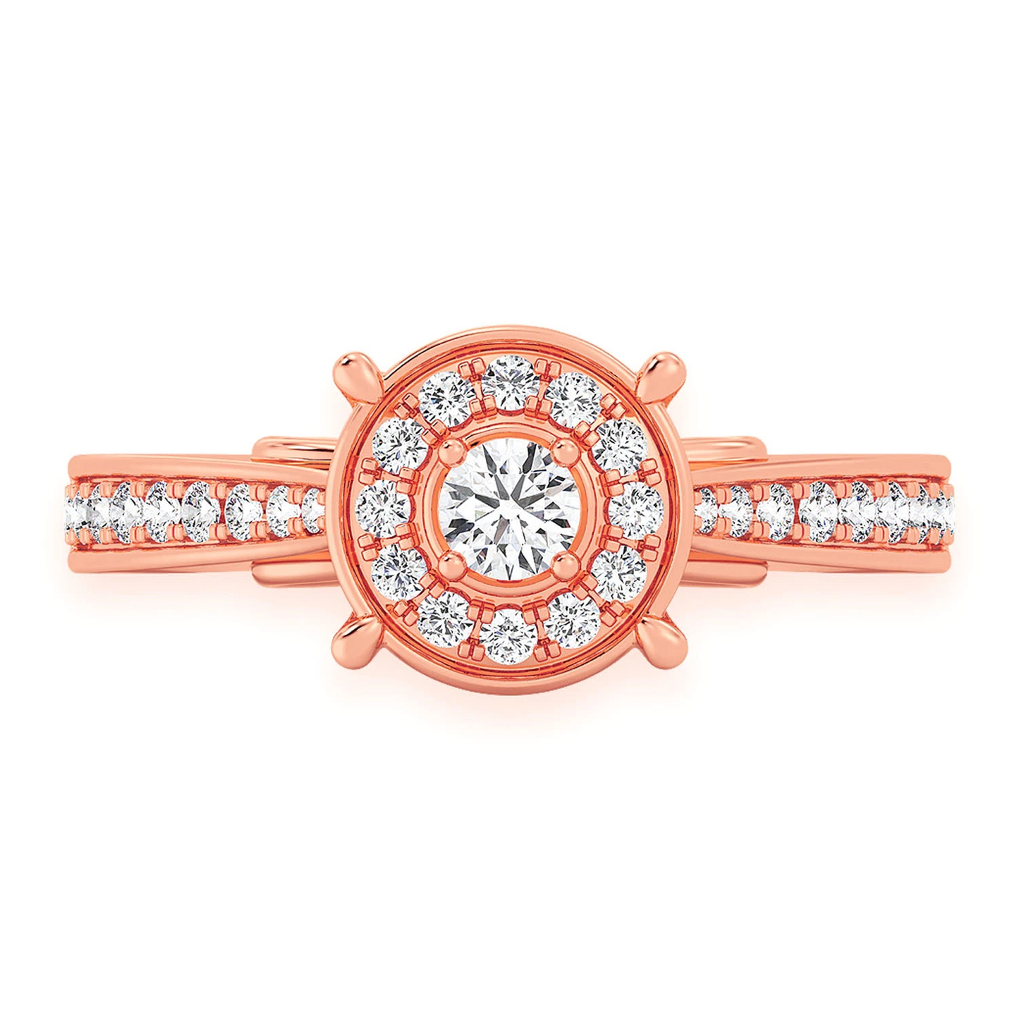 Round Halo Diamond Engagement Ring in 14K rose gold, front view