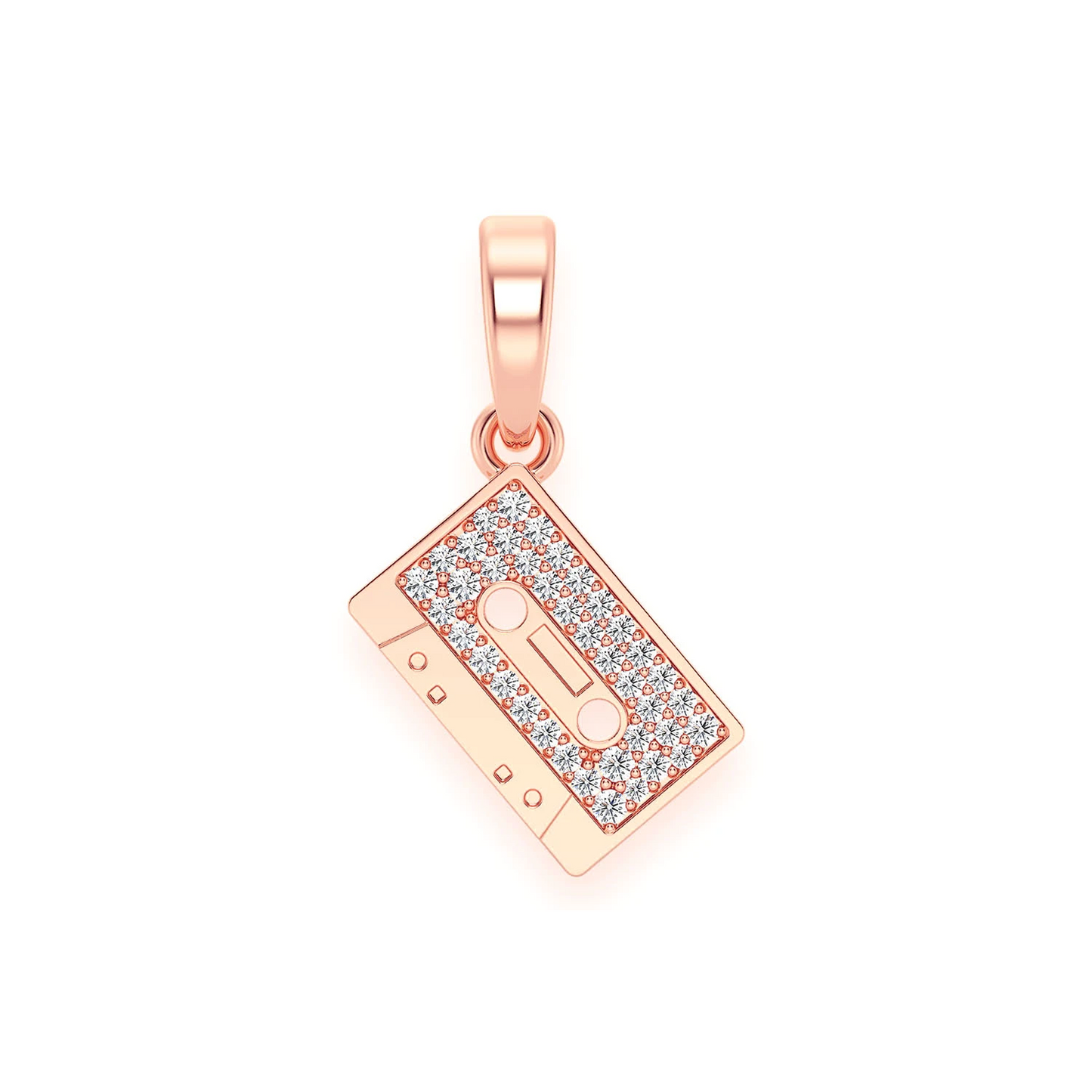 Music Cassette Diamond Pendant in 14K rose gold, White, front view