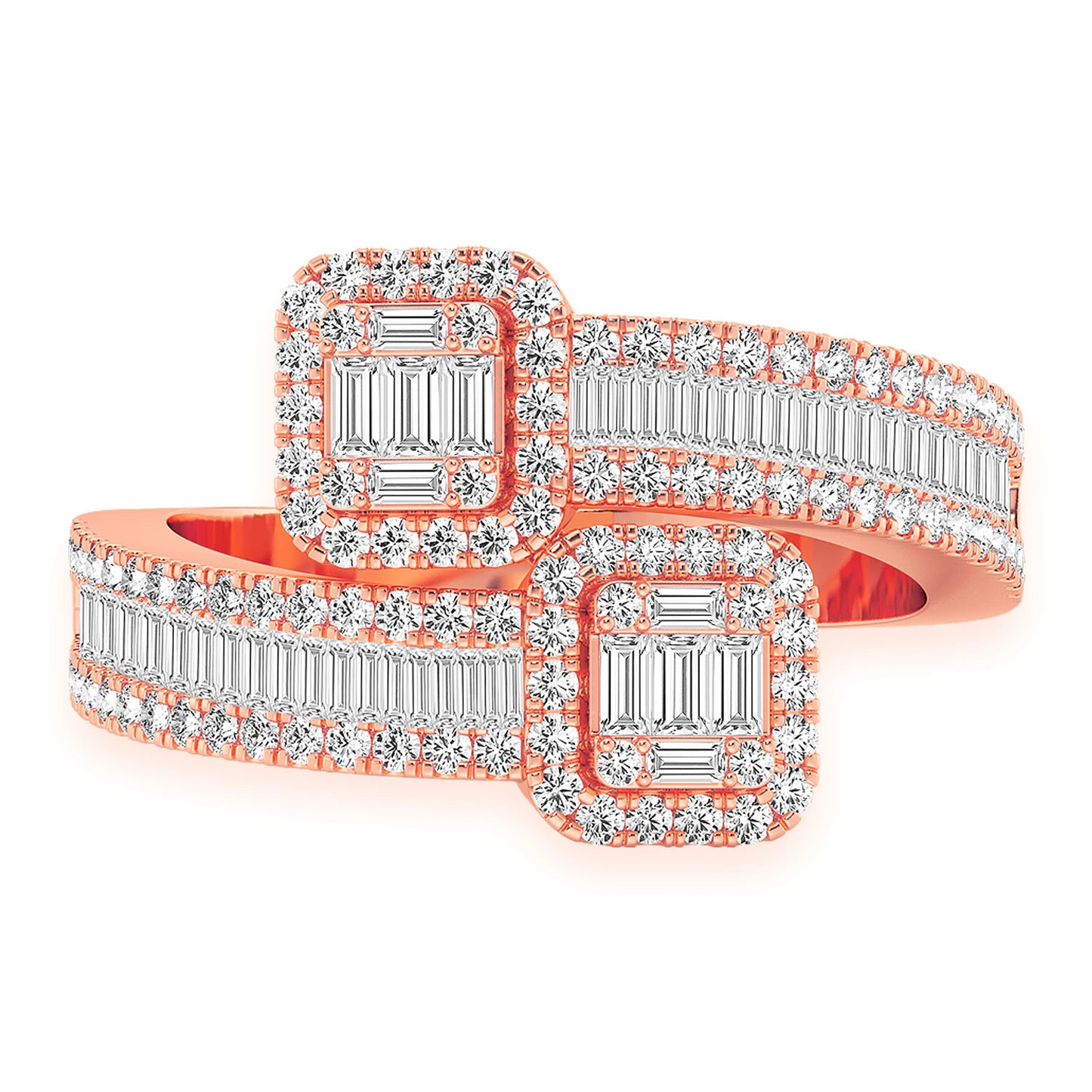 Border Baguette Crossover Diamond Ring in 14K rose gold, front view