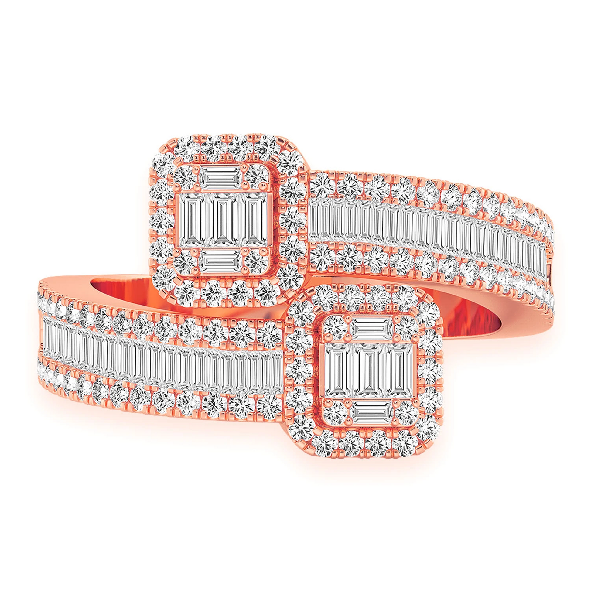 Border Baguette Crossover Diamond Ring in 14K rose gold, front view