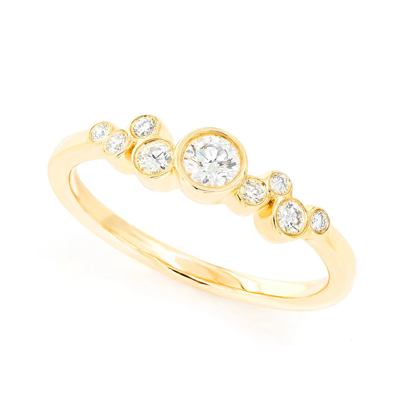Nine Stone Graduated Bezel Diamond Ring in 14K yellow gold, angled view
