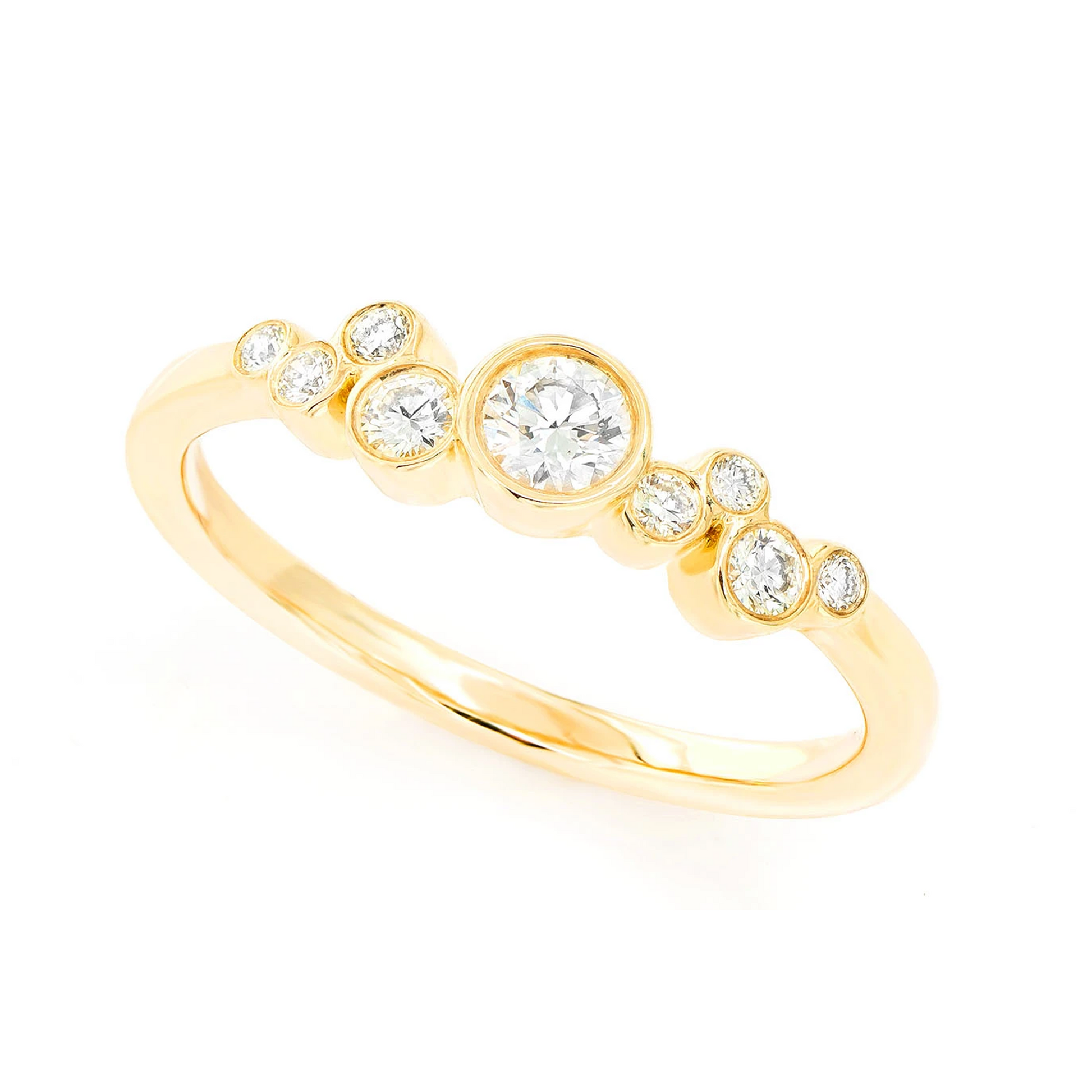 Nine Stone Graduated Bezel Diamond Ring in 14K yellow gold, angled view