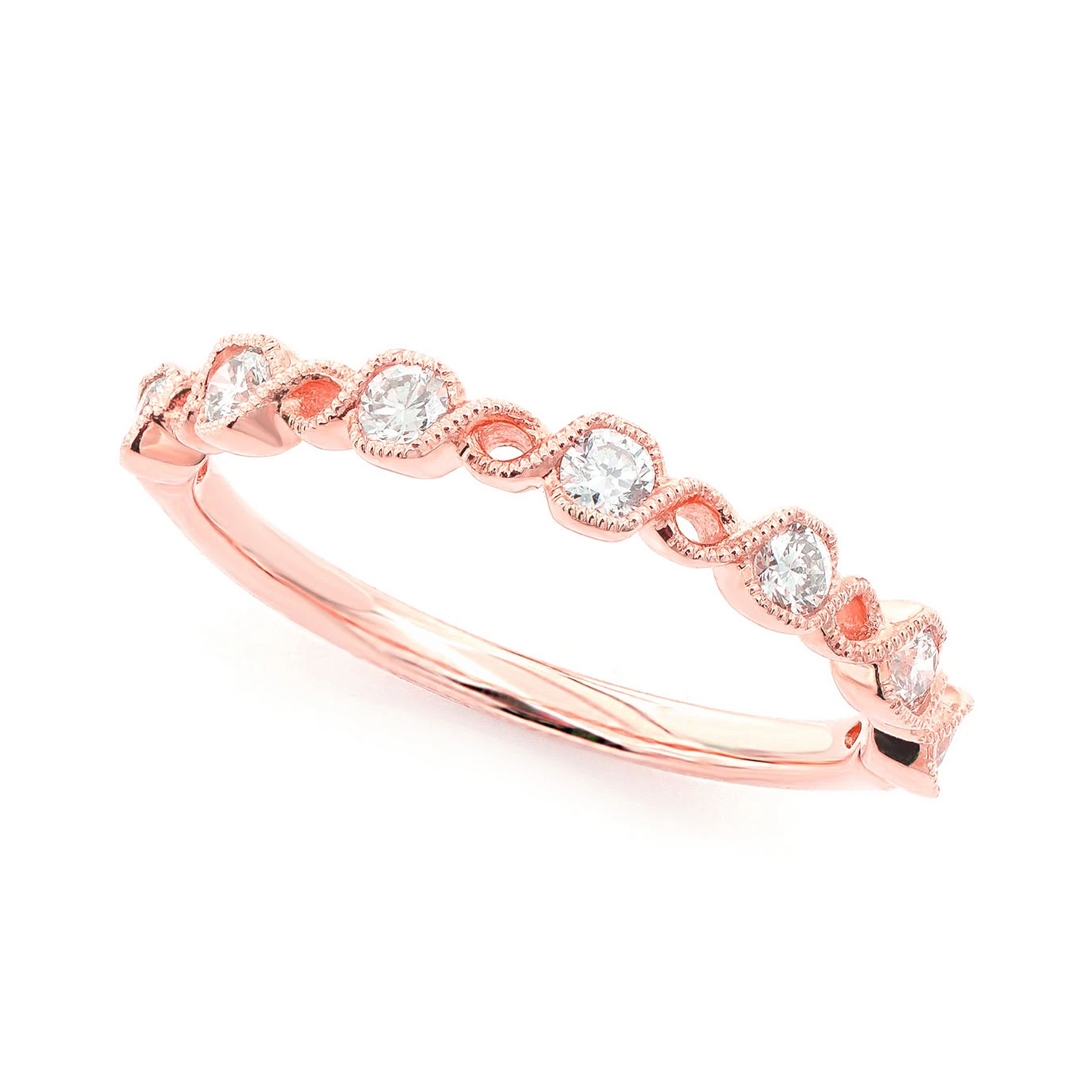 Circle Milgrain Twist Diamond Wedding Band Ring in 14K rose gold, angled view