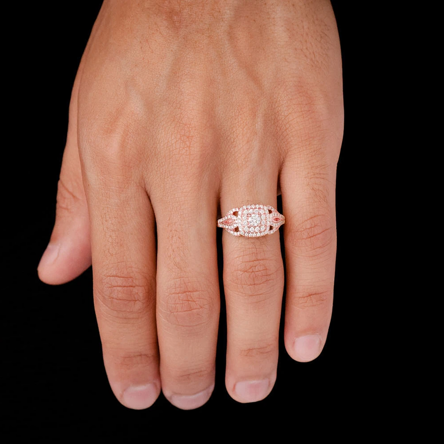 Fancy Shank Cushion Double Halo Ring in 14K rose gold, worn view