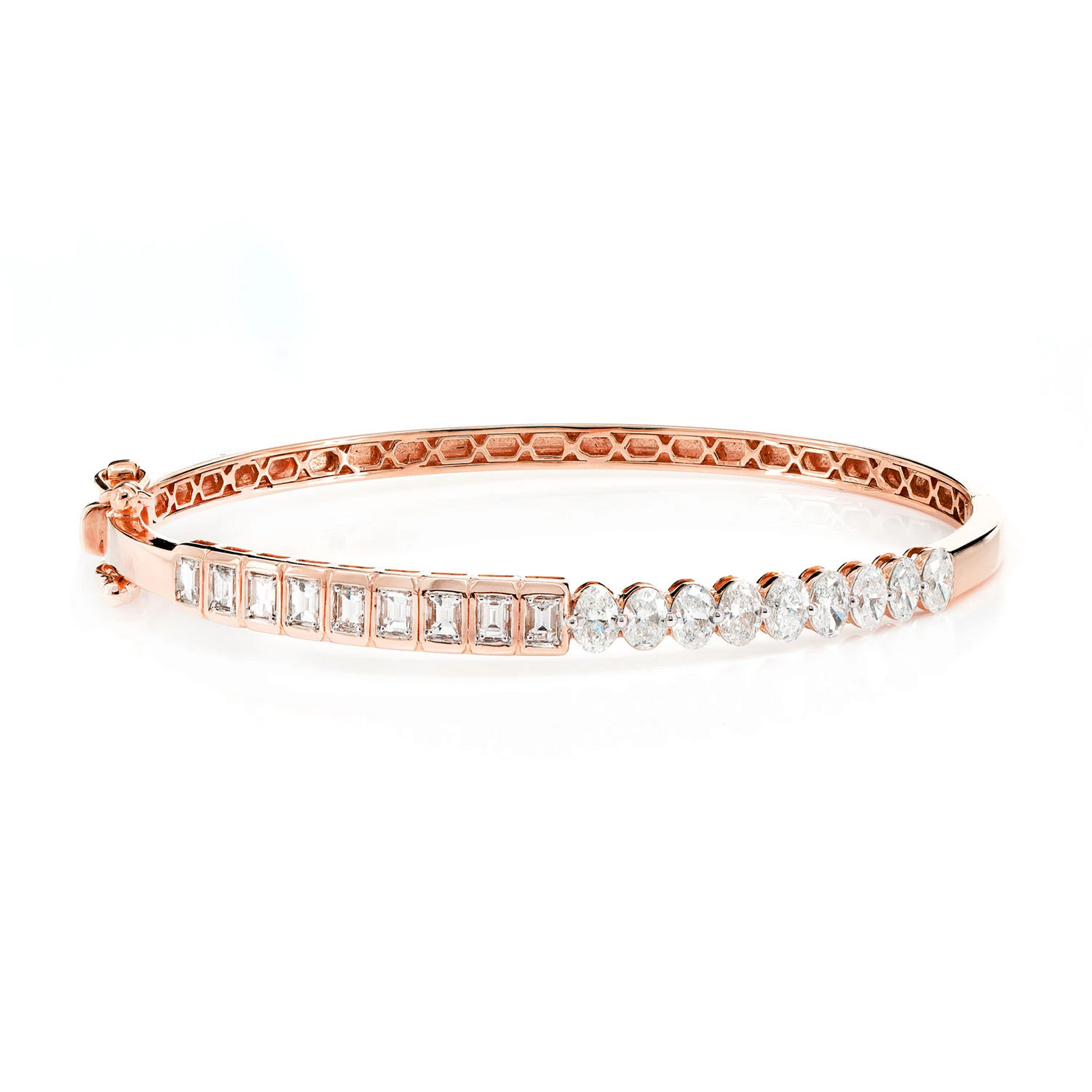 Bezel Baguette & Oval Diamond Bangle Bracelet in 14K rose gold, front view