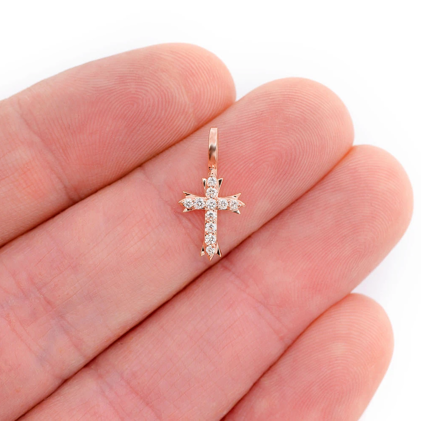 Triple Point Cross Pendant in 14K rose gold, Set | 0.10ctw, angled view