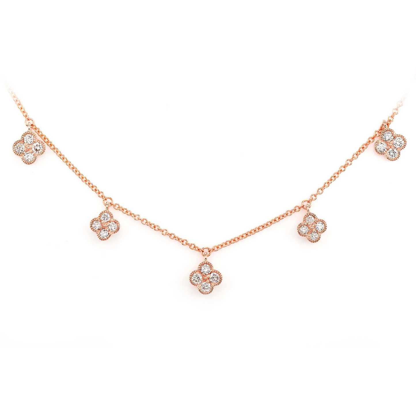 Milgrain Clover Diamond Dangle Necklace in 14K rose gold, 0.45ctw, front view