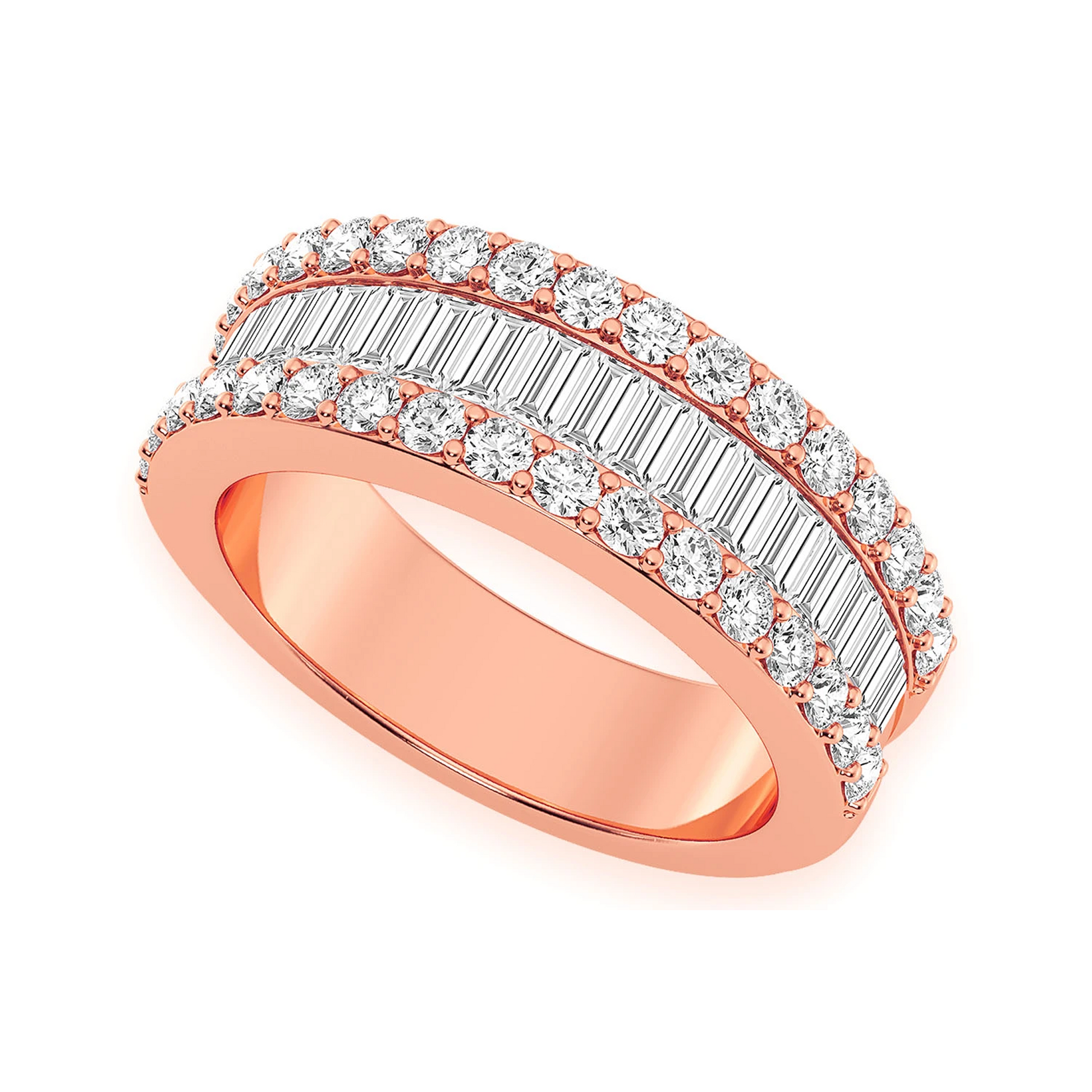Baguette & Round Border Diamond Ring in 14K rose gold, front view
