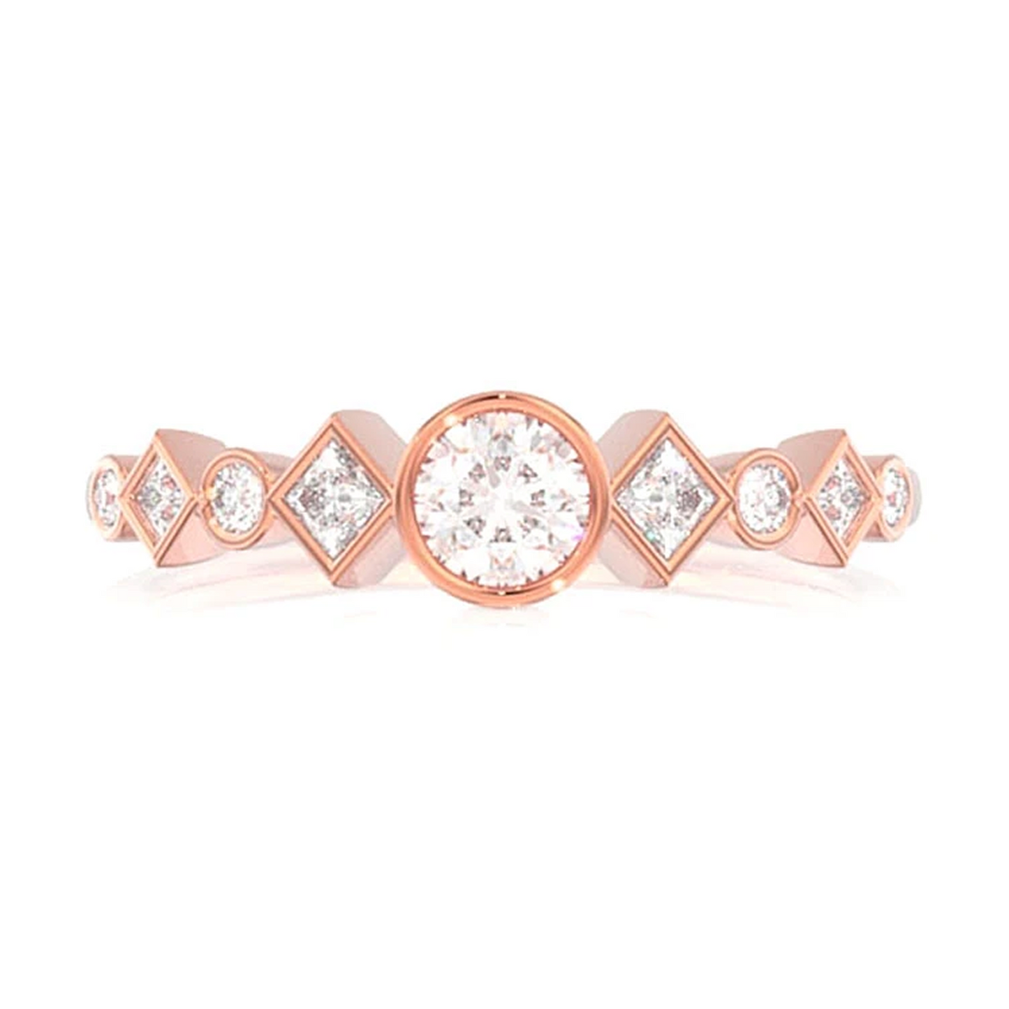 Nine Stone Round & Princess Diamond Ring in 14K rose gold, front view