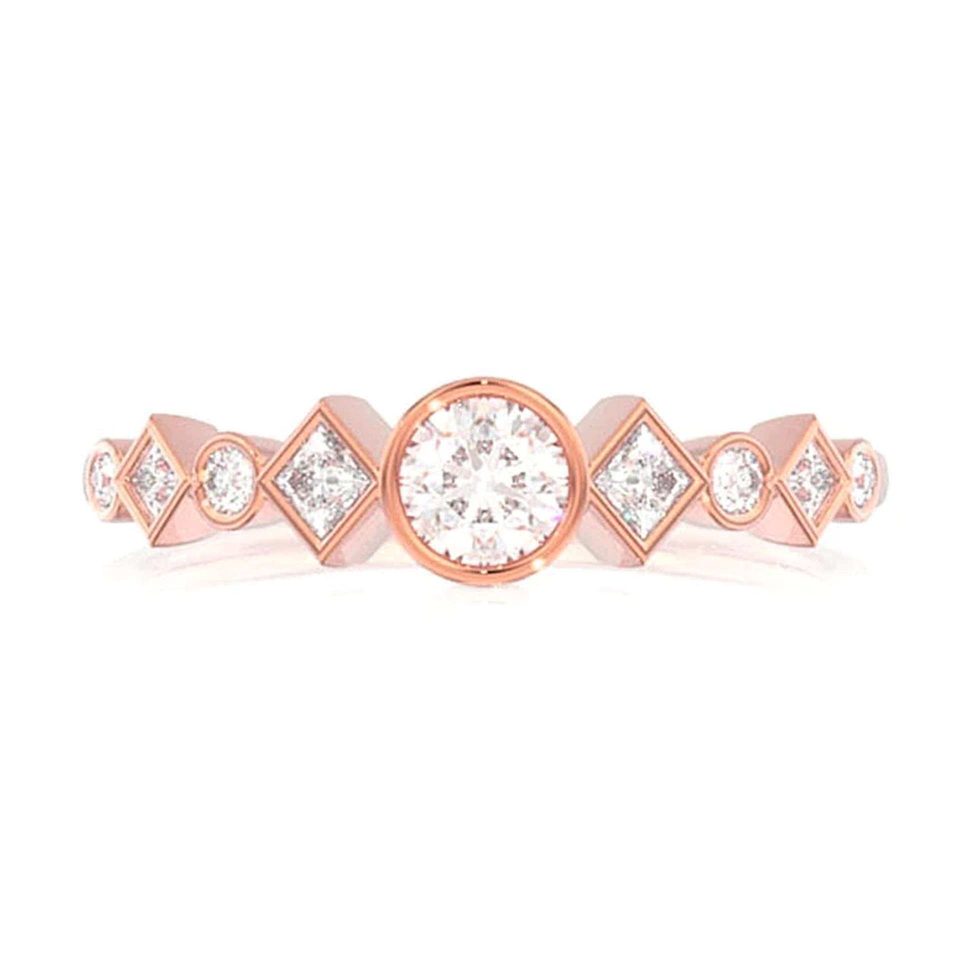 Nine Stone Round & Princess Diamond Ring in 14K rose gold, front view