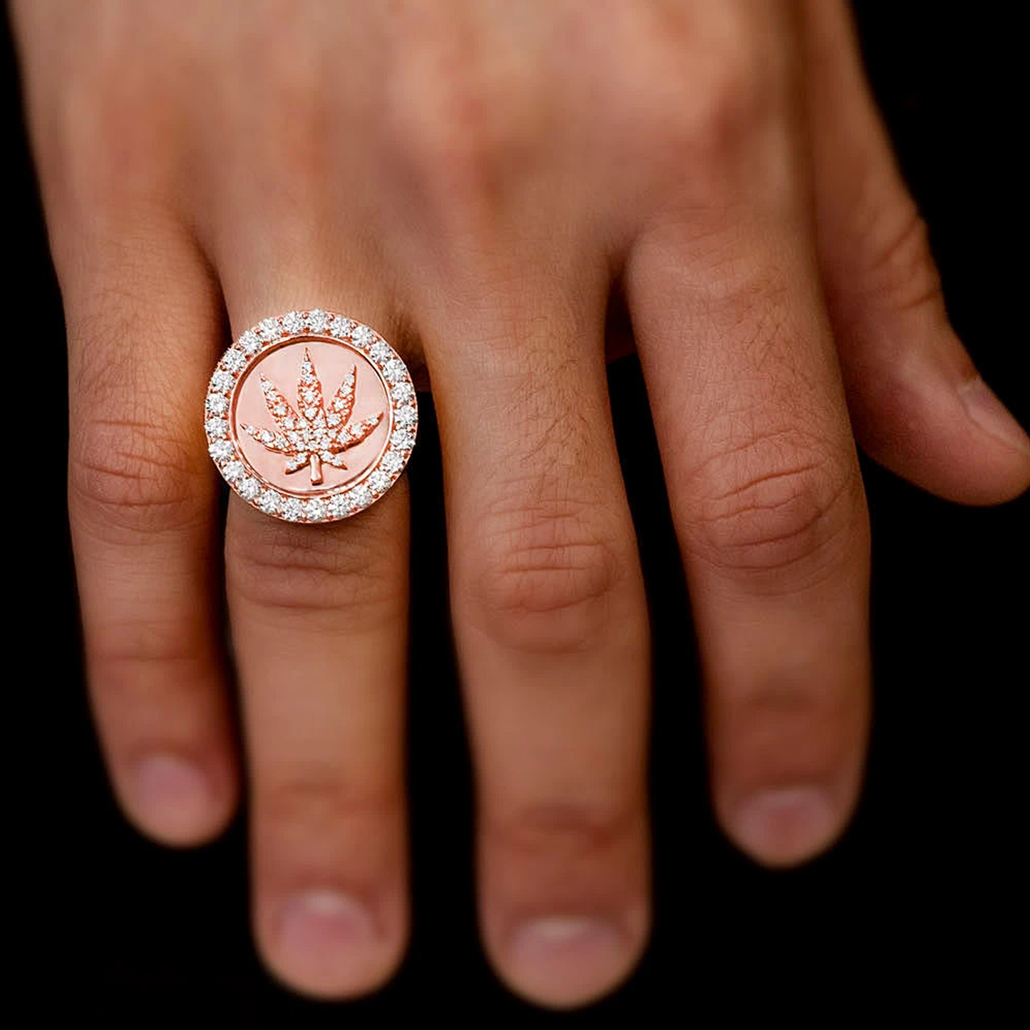 Cannabis Signet Diamond Ring in 14K rose gold, angled view