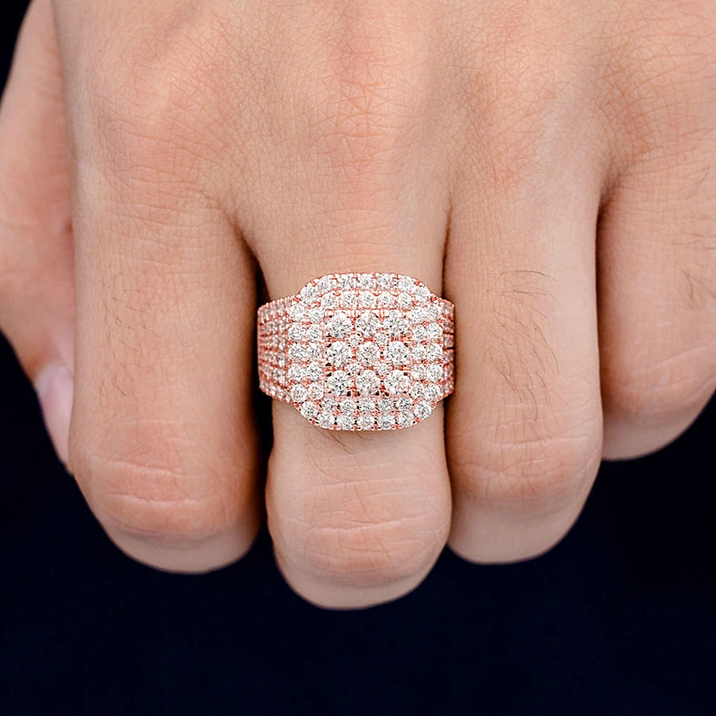 Cushion Shape Diamond Signet Ring in 14K rose gold, angled view