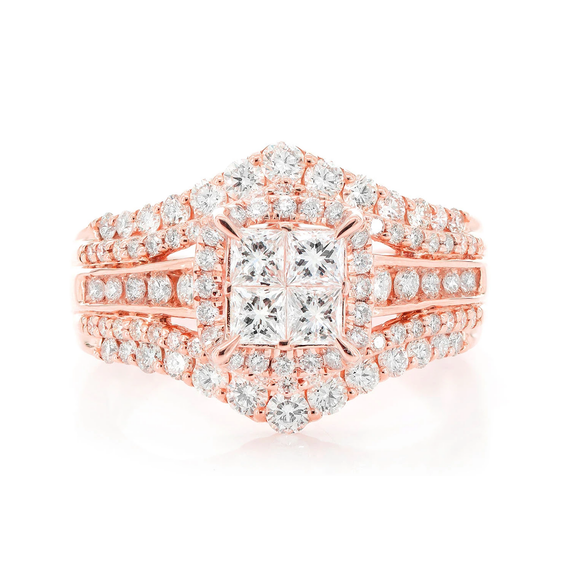 Princess Quad Halo Ring in 14K rose gold, front view