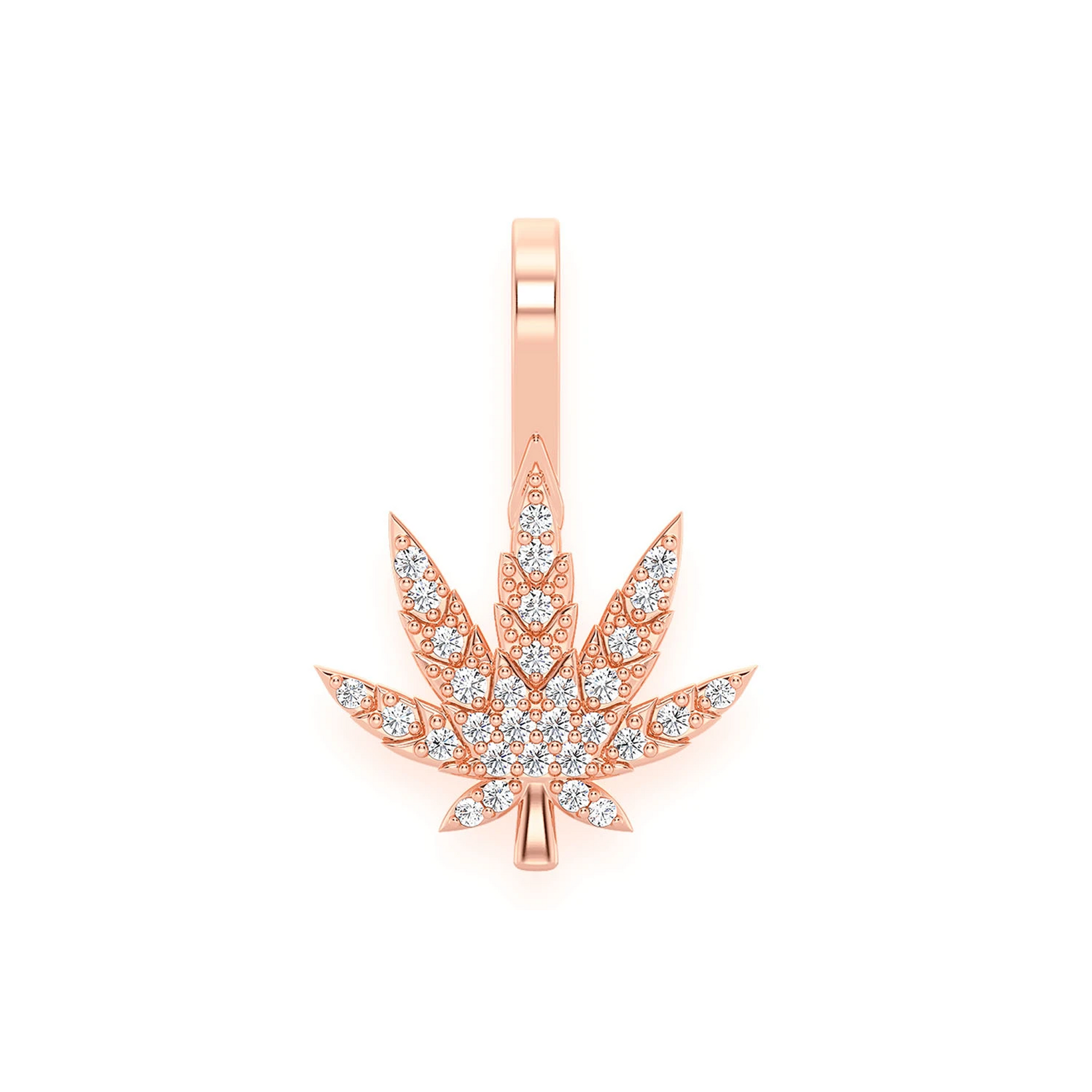 Cannabis Leaf Diamond Pendant in 14K rose gold, Signature | 0.15ctw, front view