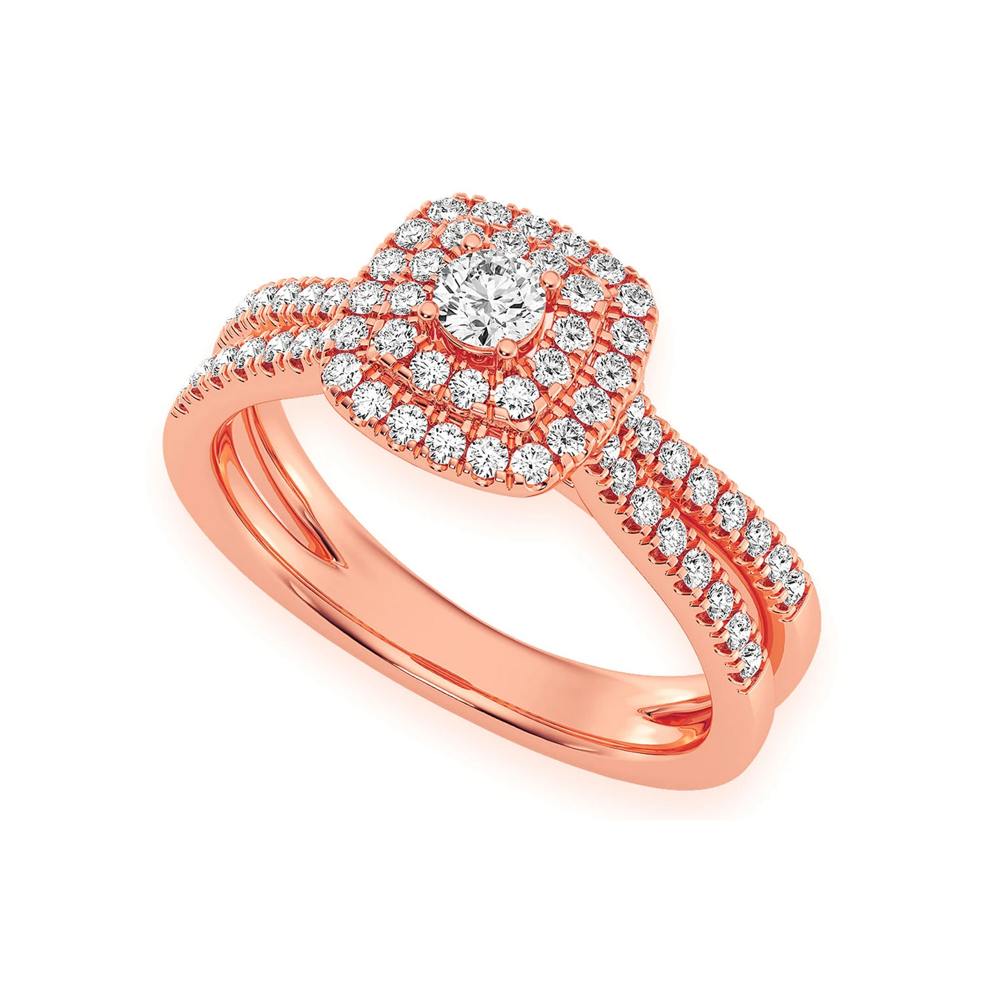 Three Layer Square Double Halo Engagement Ring in 14K rose gold, angled view
