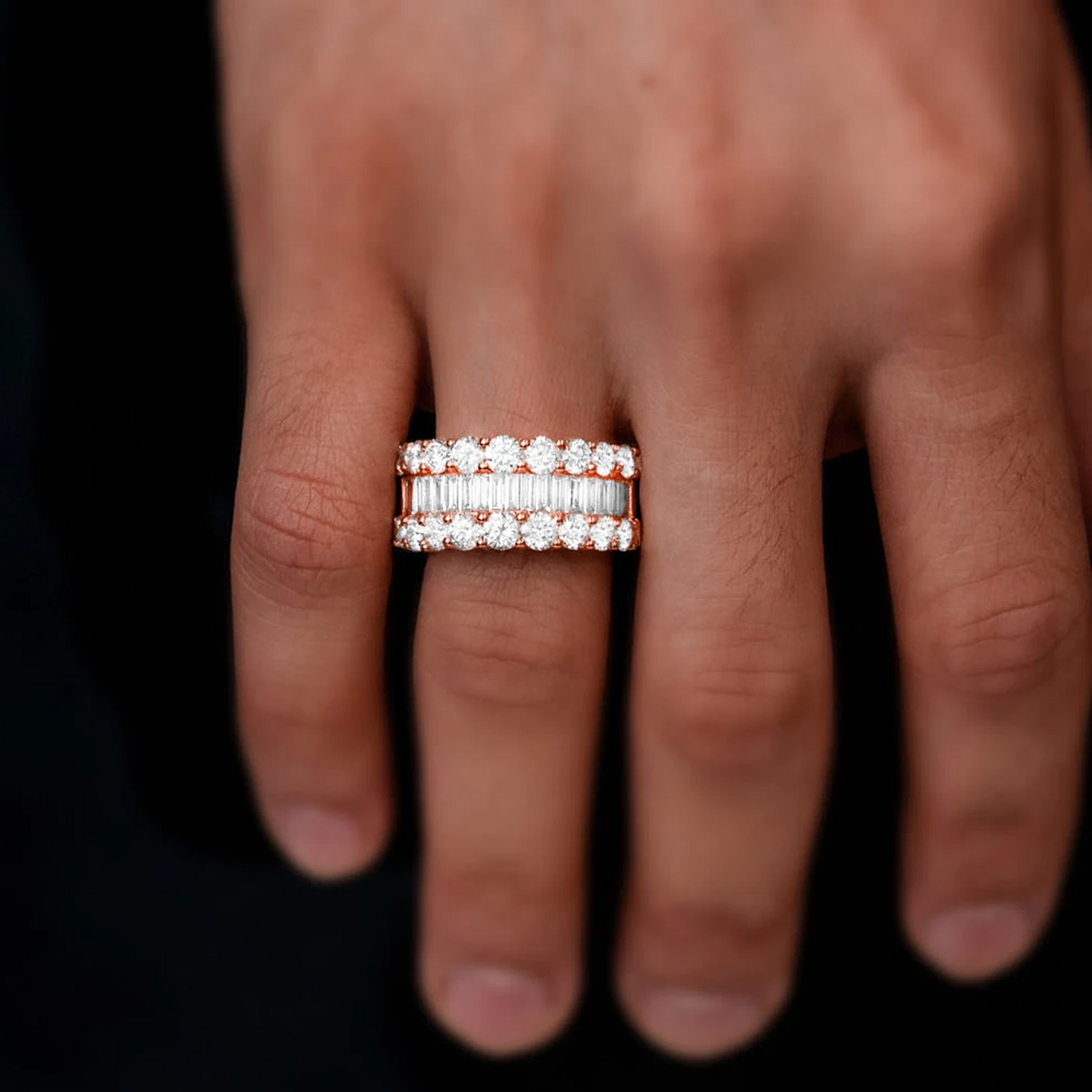 Single Row Baguette Diamond Band Ring in 14K rose gold, worn view