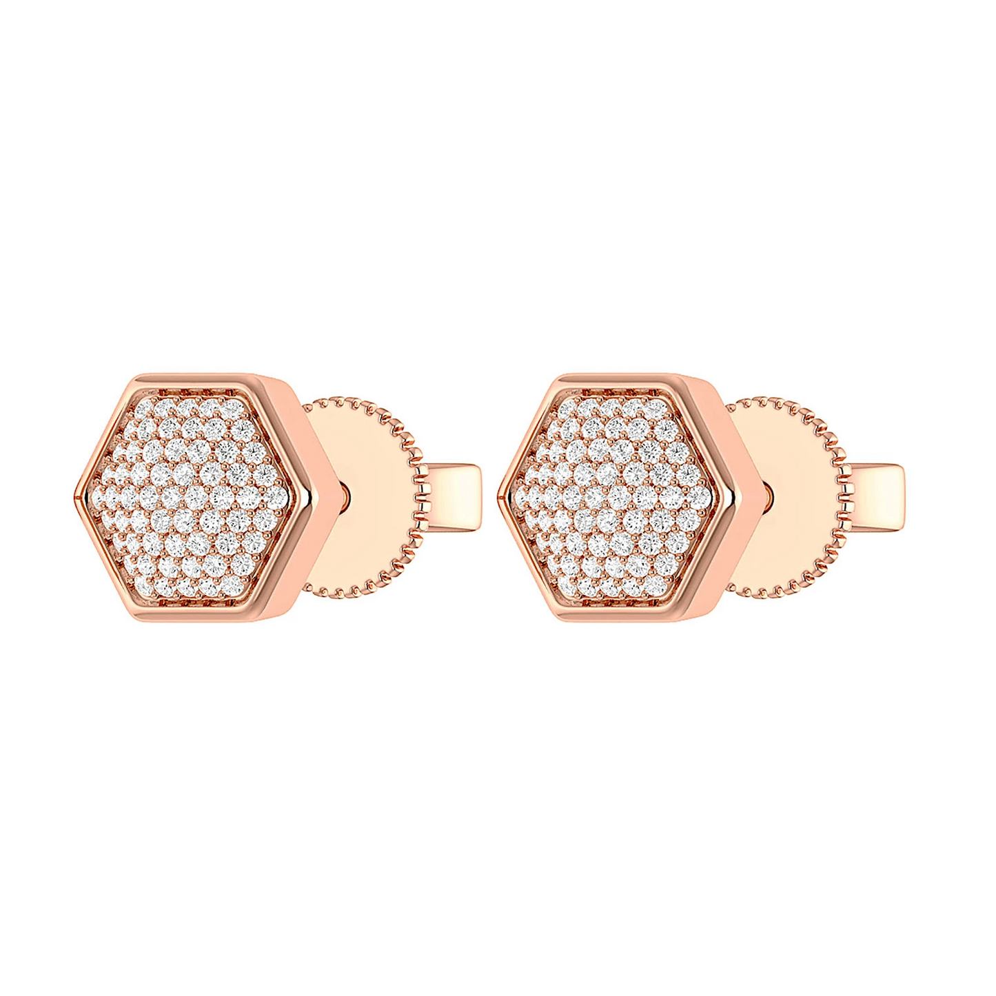 Hexagon Cluster Diamond Stud Earrings in 14K rose gold, angled view