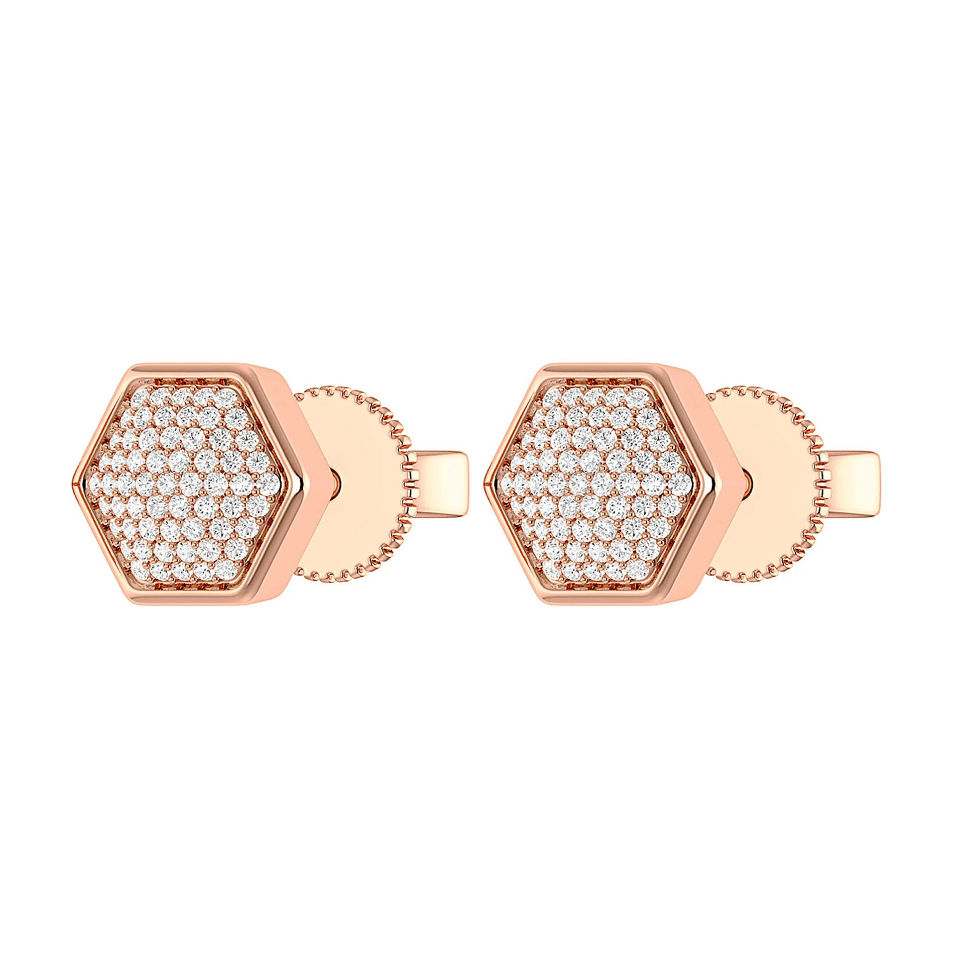 Hexagon Cluster Diamond Stud Earrings in 14K rose gold, angled view