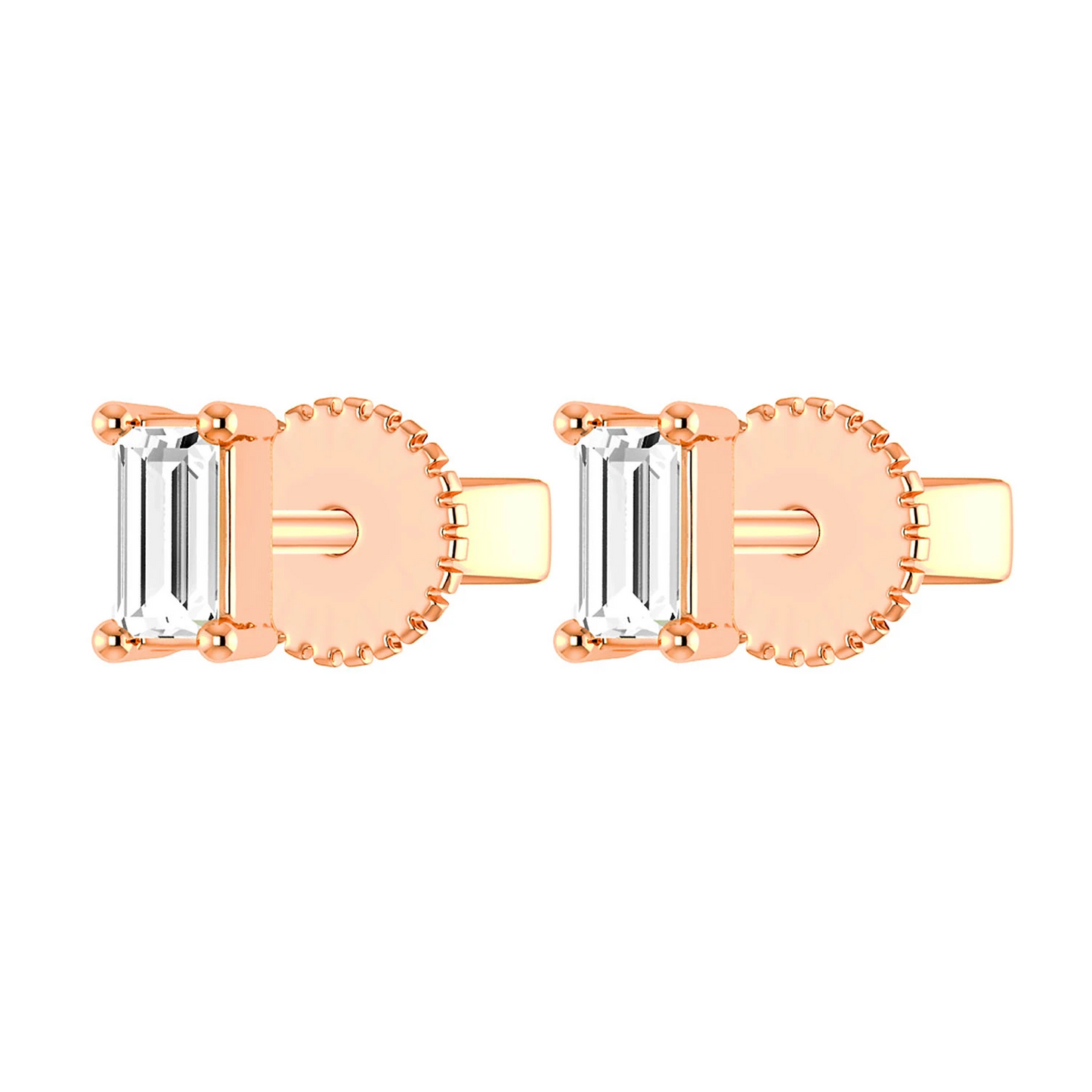 Baguette Diamond Solitaire Stud Earrings in 14K rose gold, angled view