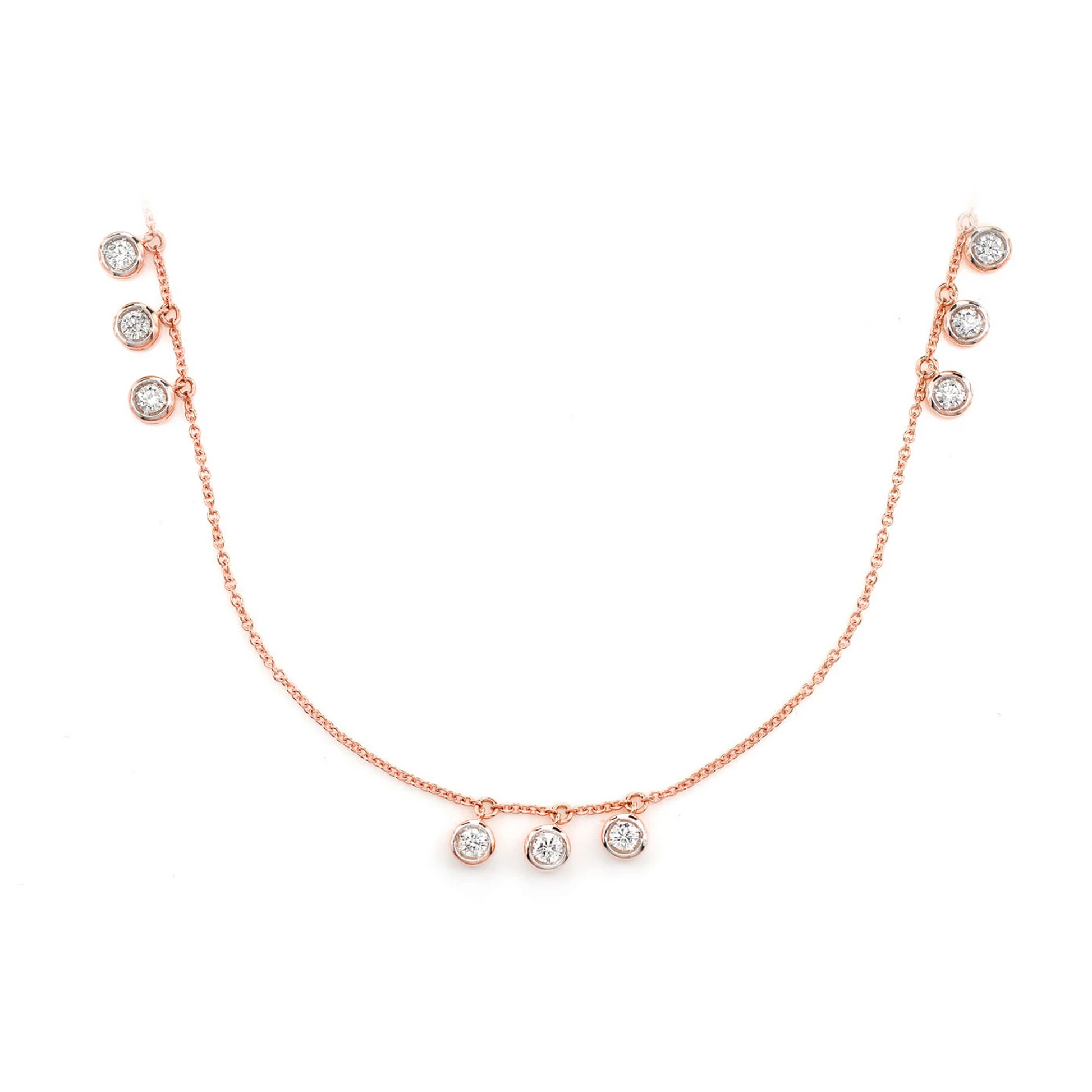 Triple Bezel Diamond Drop Station Necklace in 14K rose gold, front view