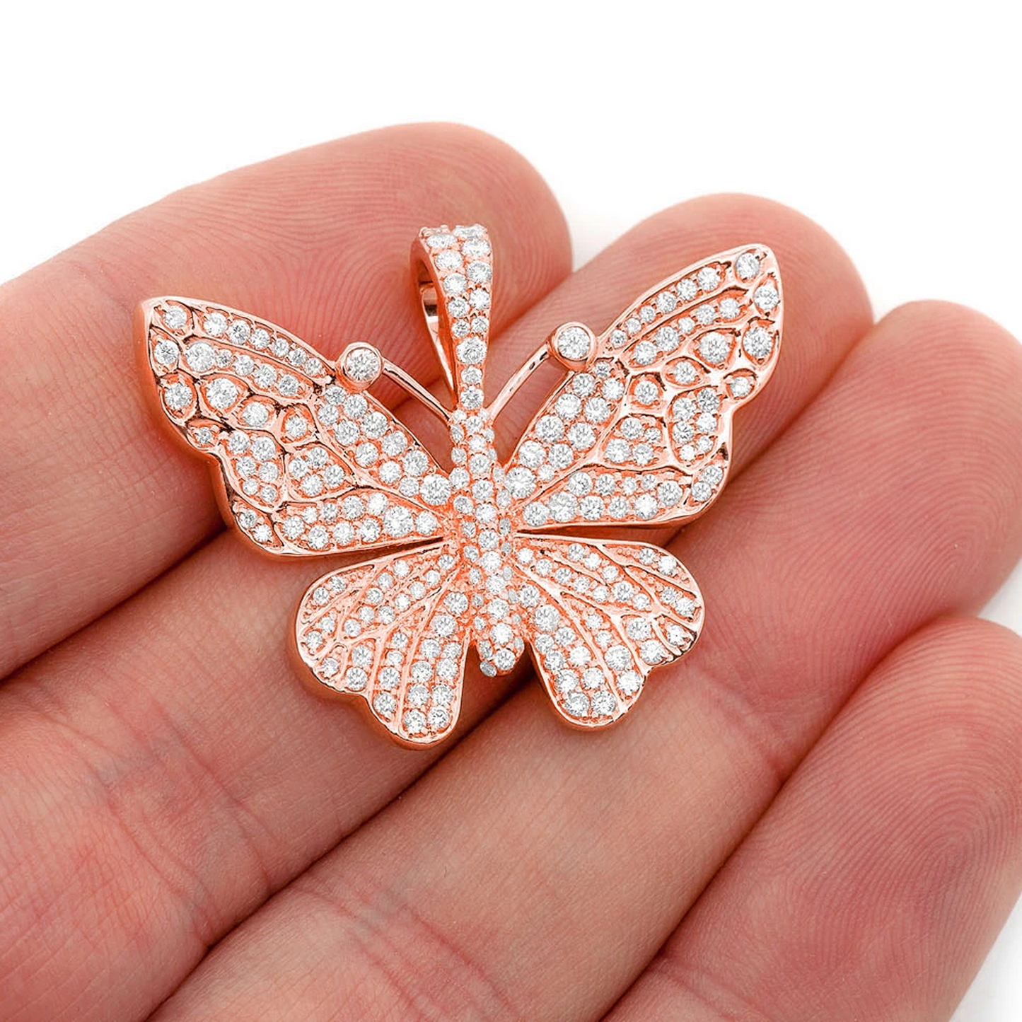 Statement Butterfly Diamond Pendant in 14K rose gold, angled view