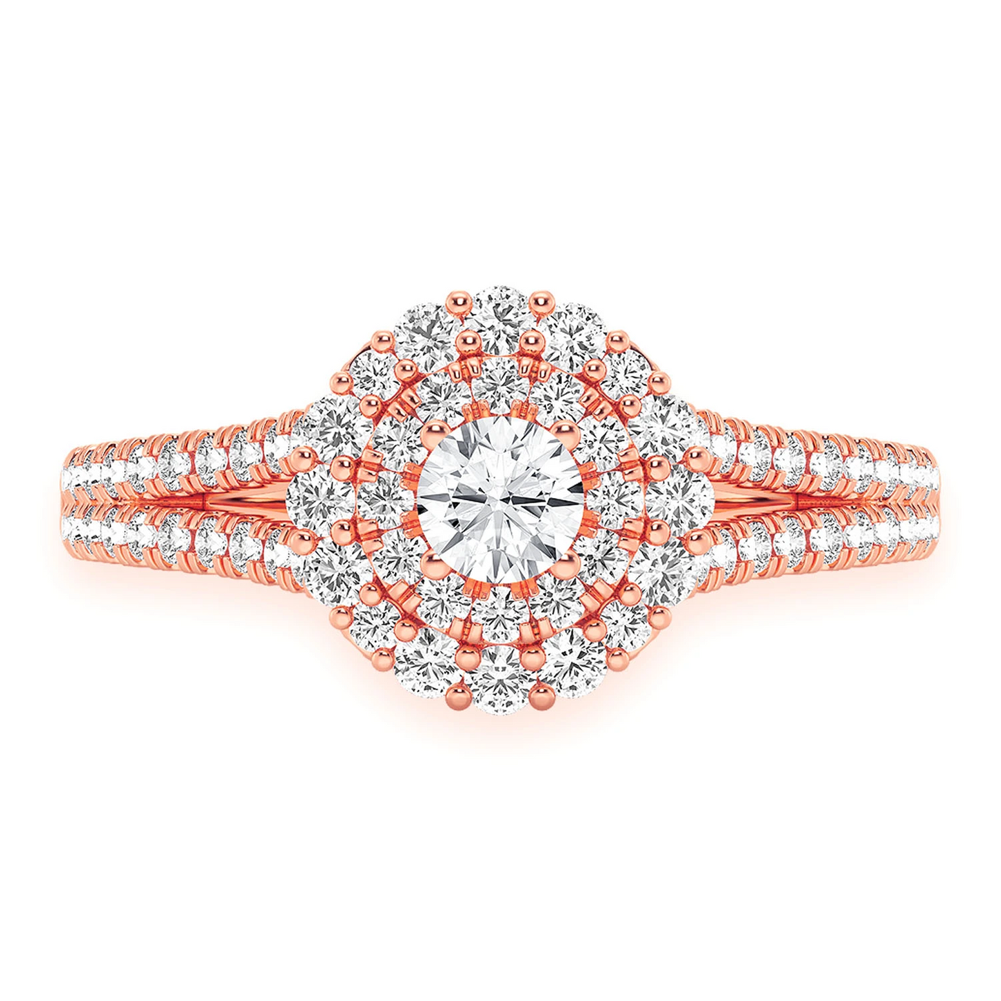 Split Shank Round Double Halo Ring in 14K rose gold, front view