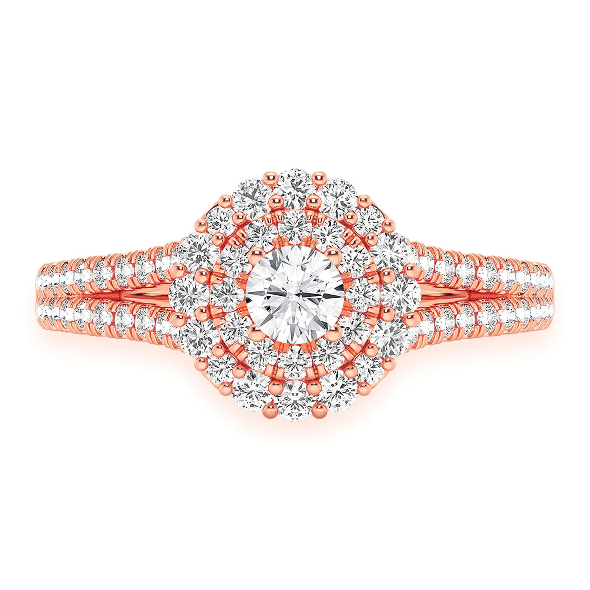 Split Shank Round Double Halo Ring in 14K rose gold, front view