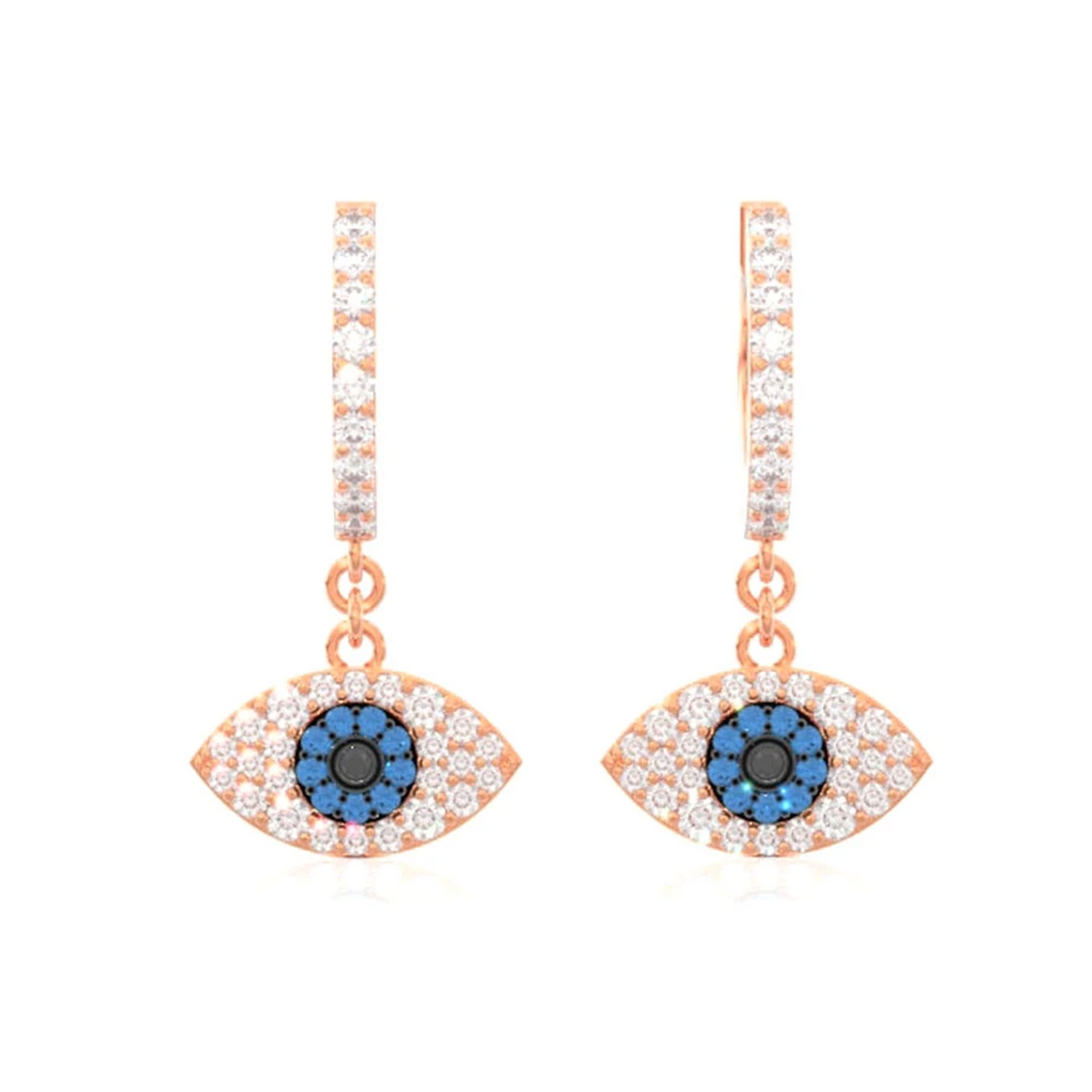 Evil Eye Diamond Hoop Drops in 14K rose gold, front view