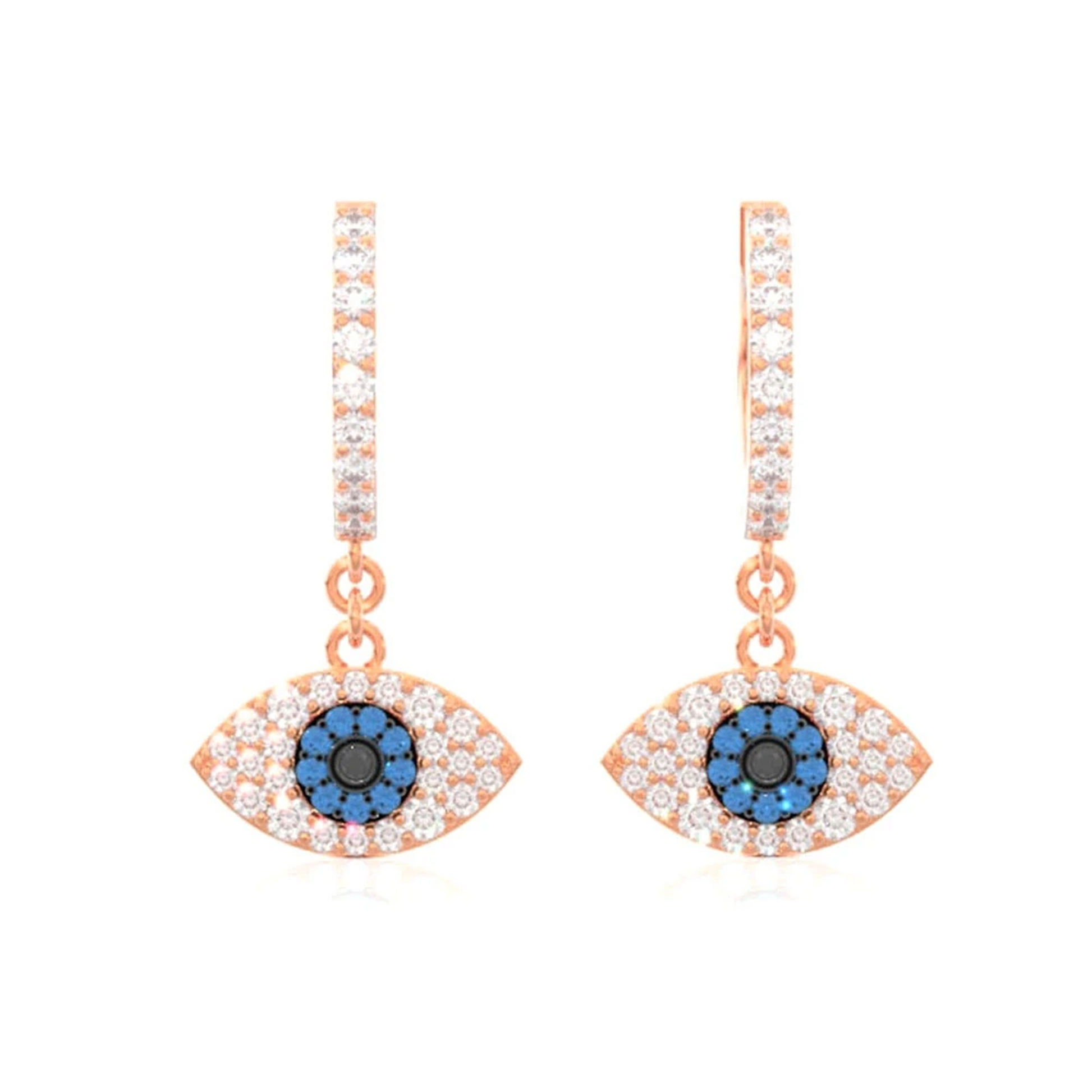 Evil Eye Diamond Hoop Drops in 14K rose gold, front view