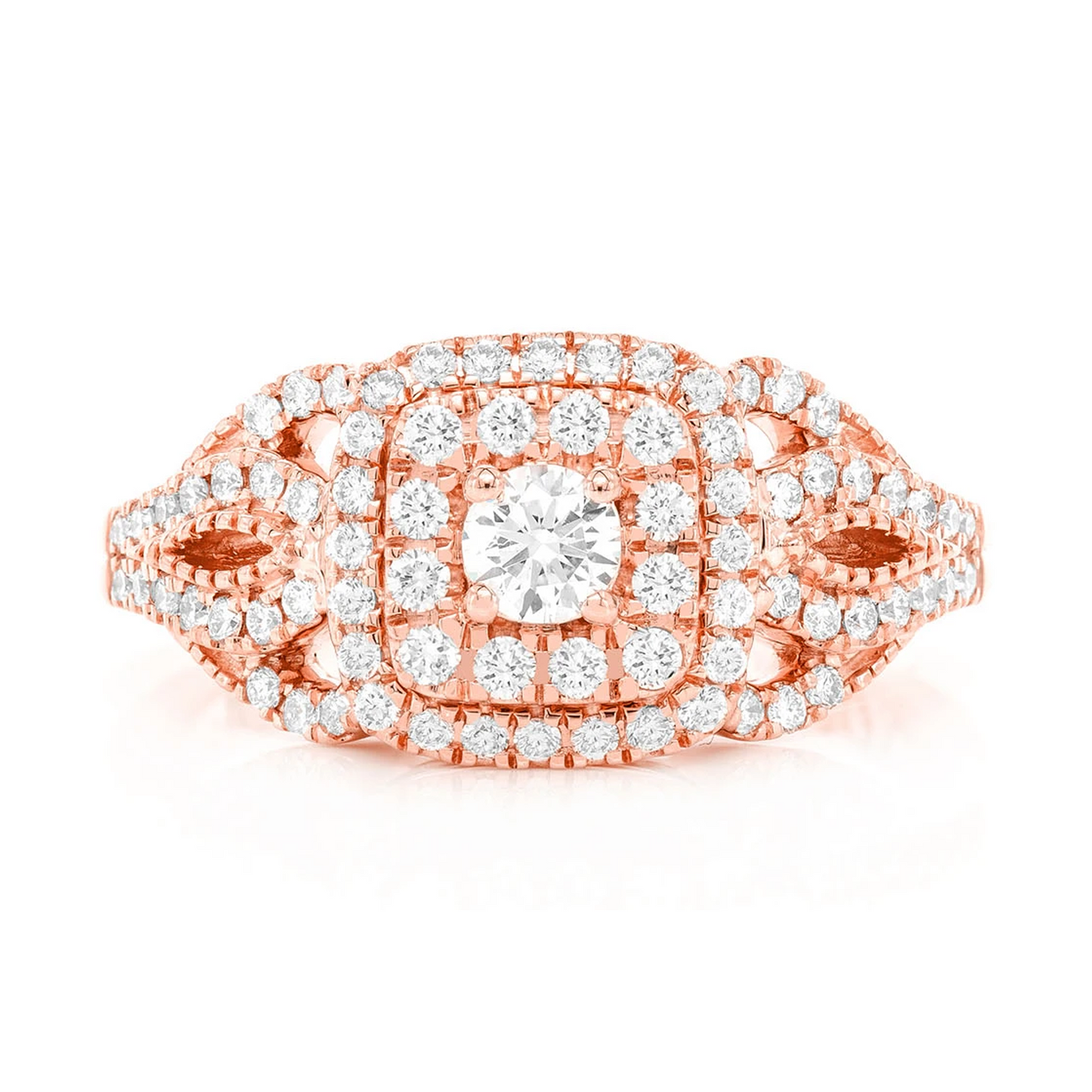 Fancy Shank Cushion Double Halo Ring in 14K rose gold, front view