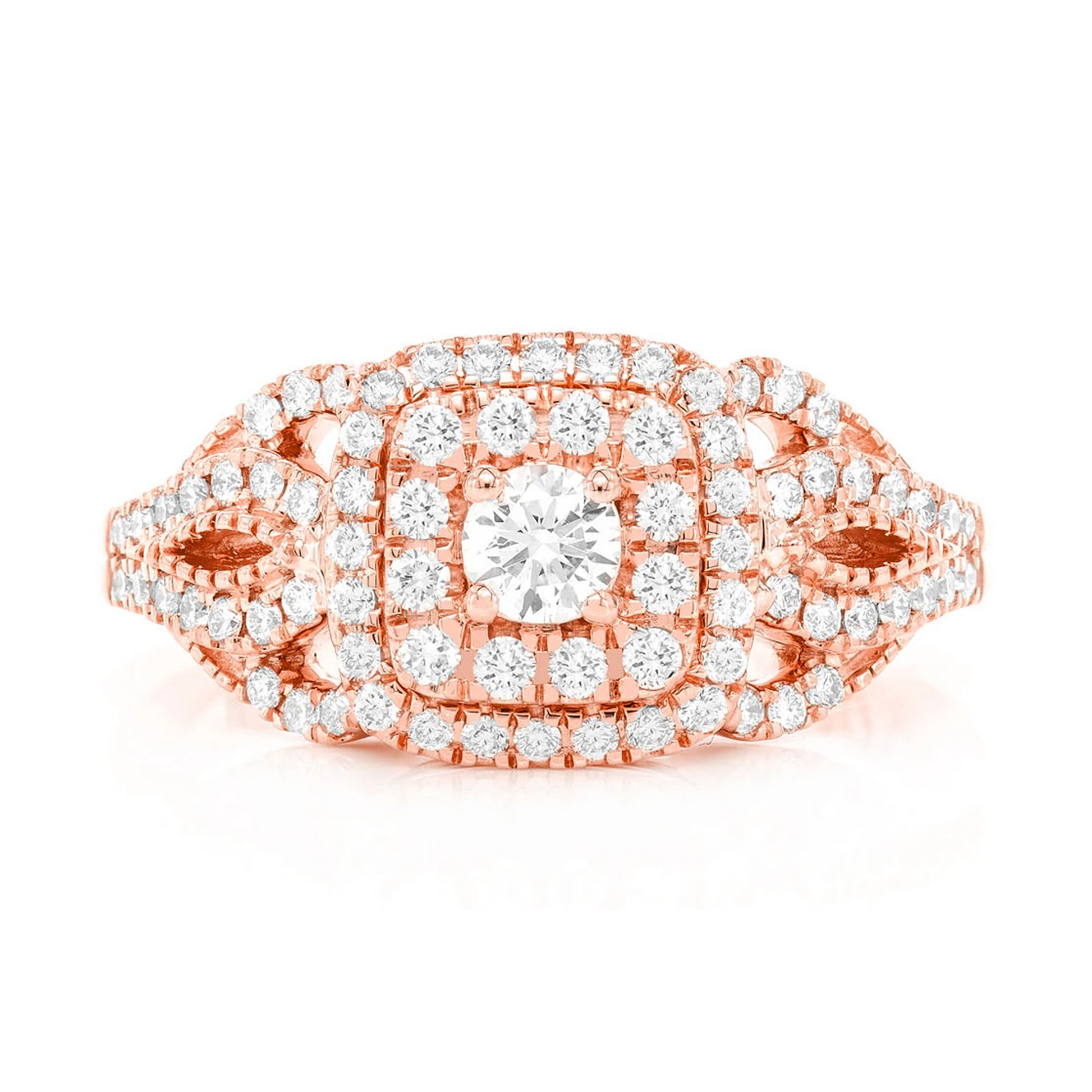 Fancy Shank Cushion Double Halo Ring in 14K rose gold, front view