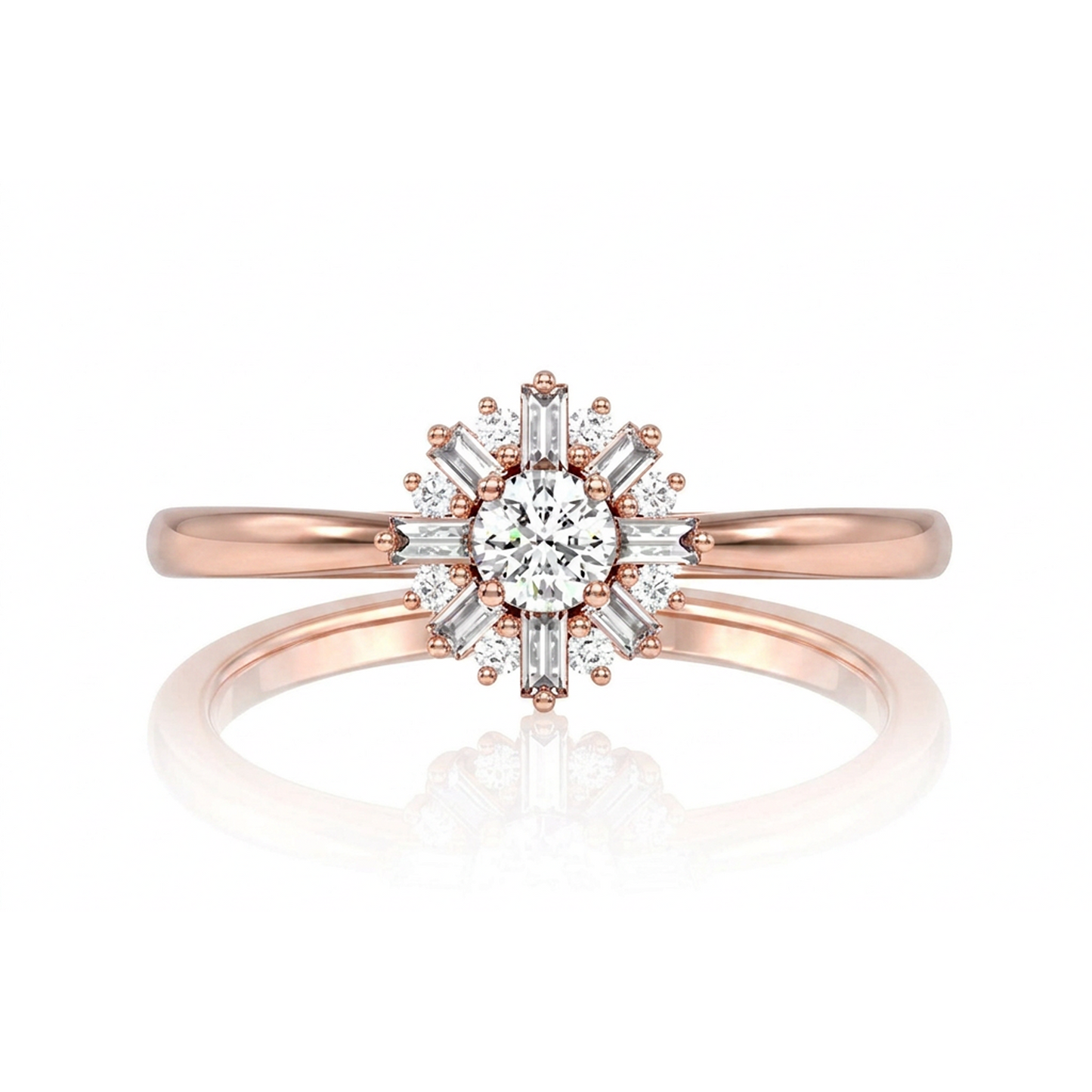 Round Floral Baguette Diamond Ring in 14K rose gold, front view