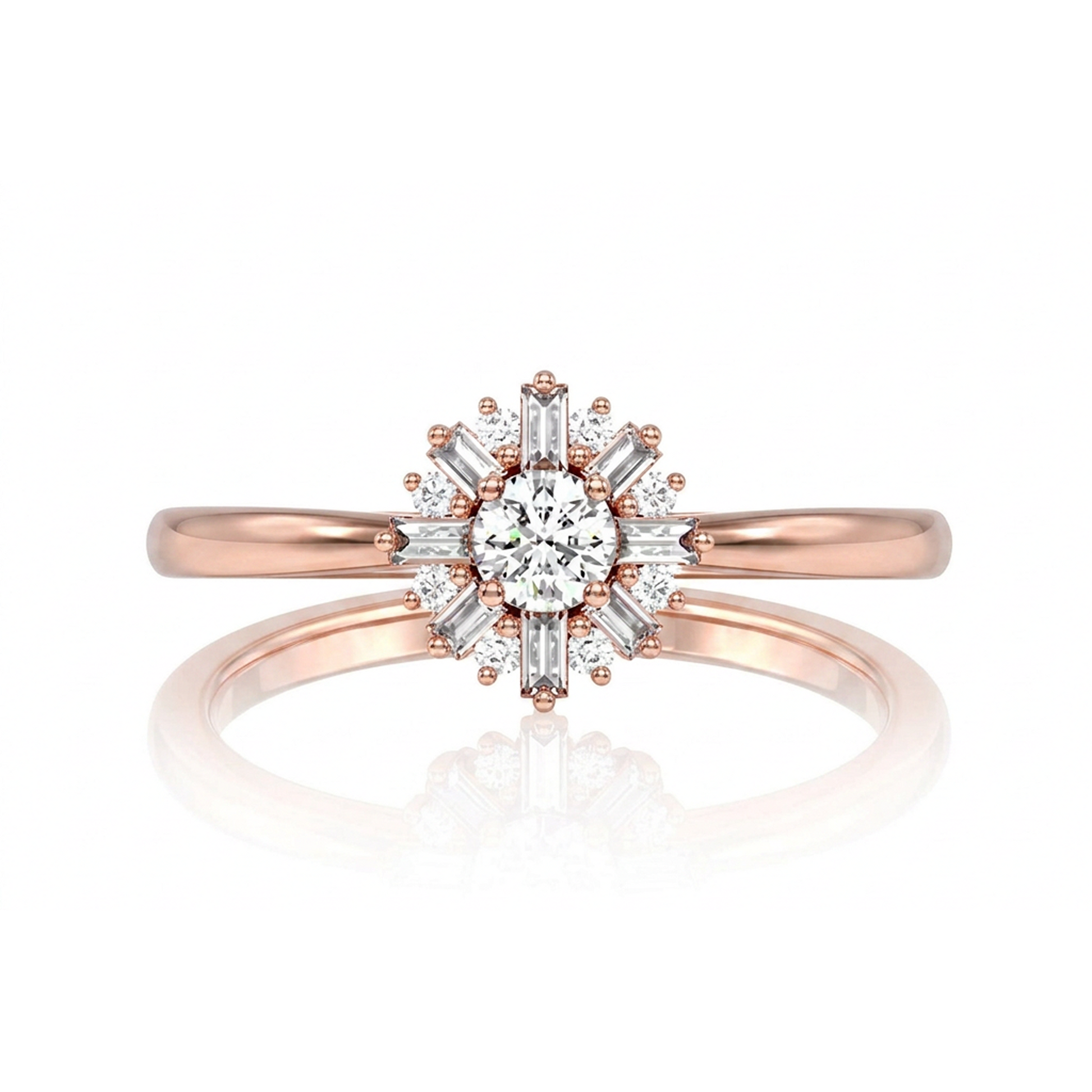 Round Floral Baguette Diamond Ring in 14K rose gold, front view