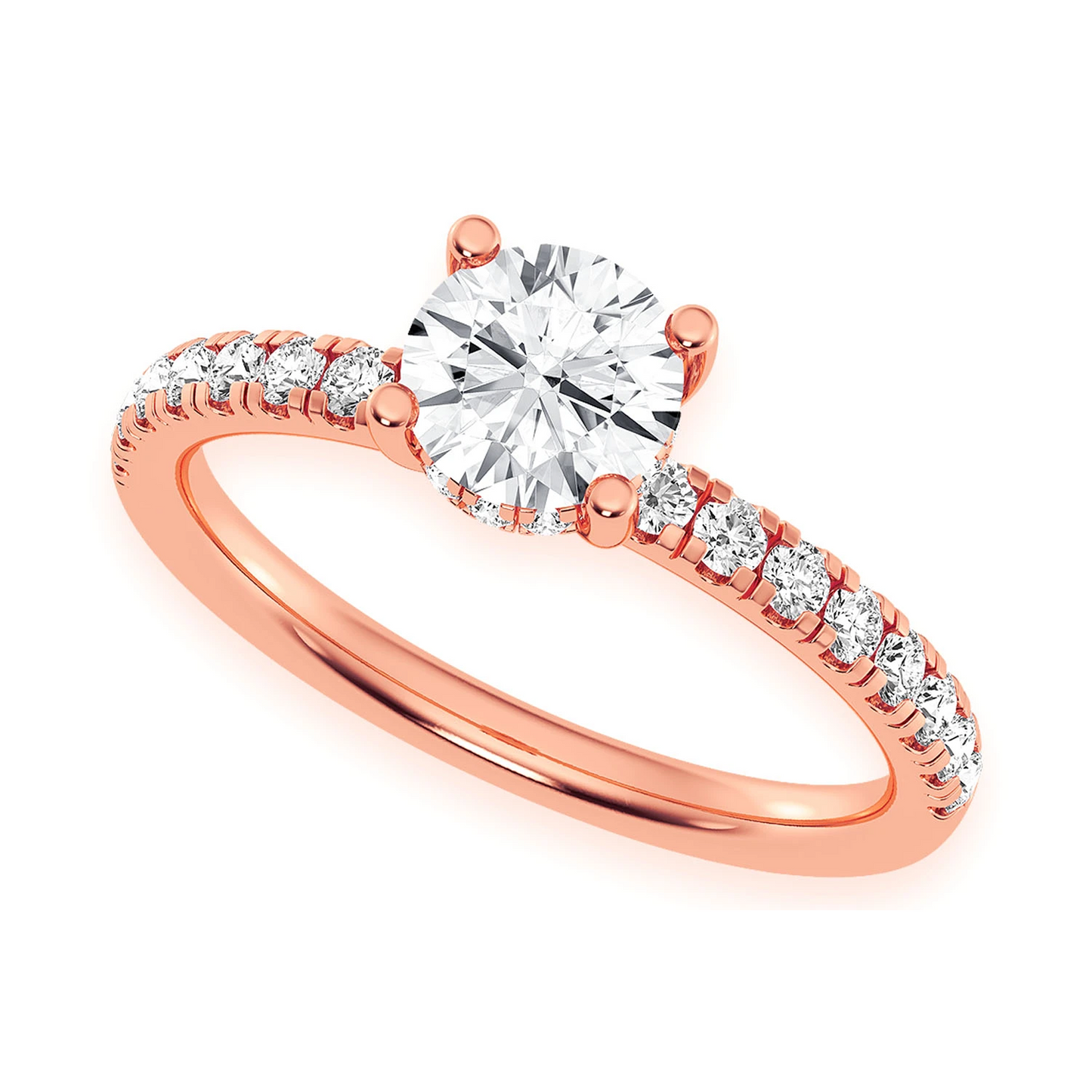 Round Solitaire One Row Under Halo Ring in 14K rose gold, angled view