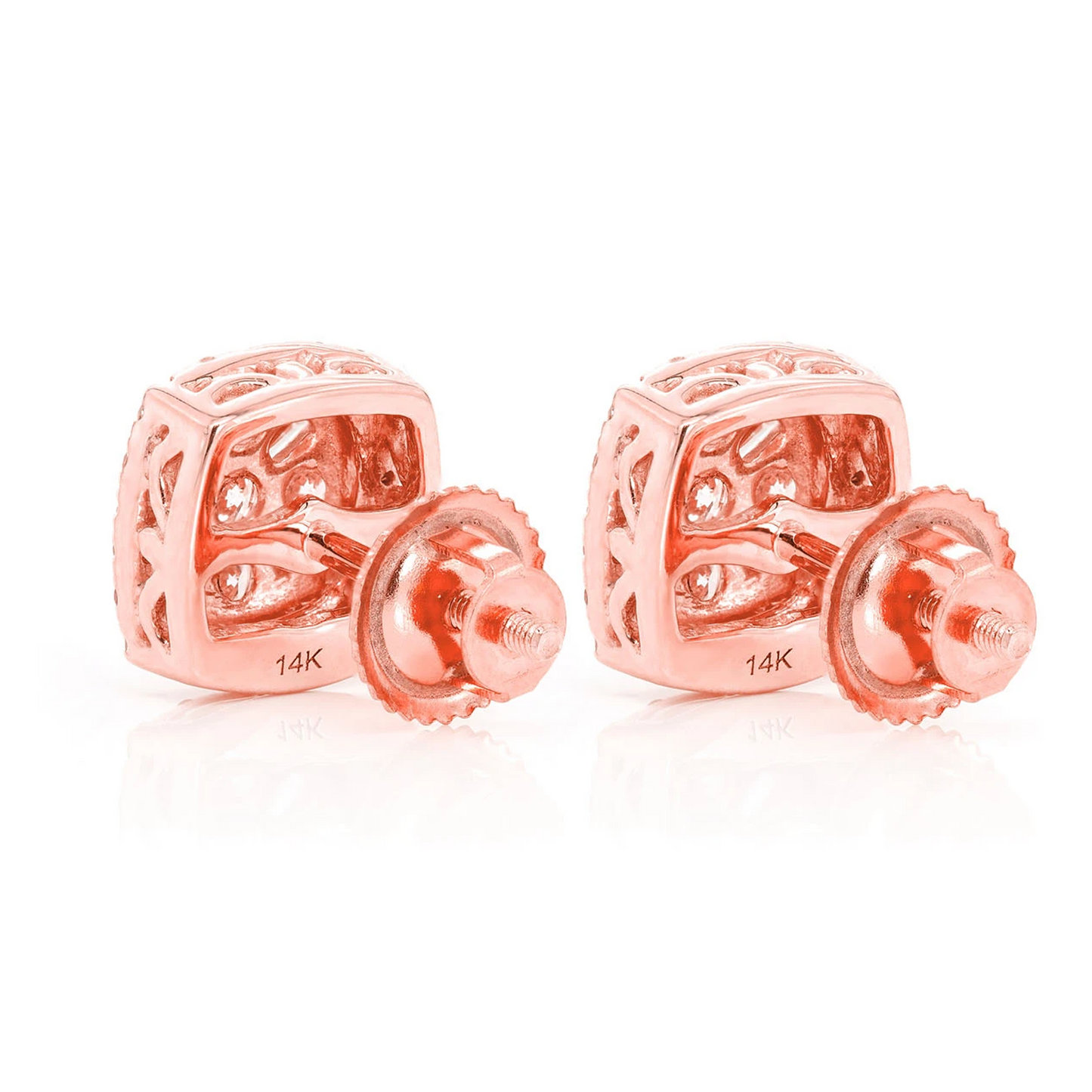 Baguette Flower Diamond Studs in 14K rose gold, back view