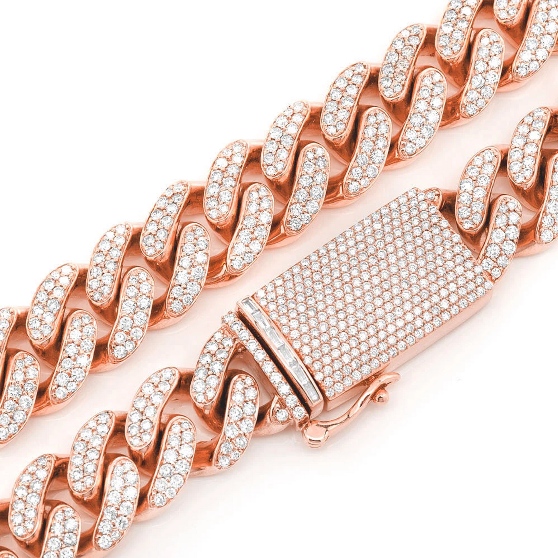 Iced Miami Cuban Necklace in 14K rose gold, 18mm / 37ctw width, clasp detail