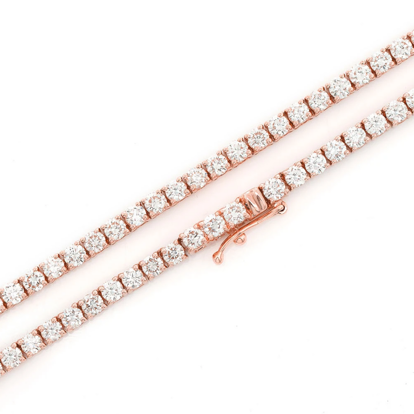 Prong Diamond Tennis Necklace in 14K rose gold, 5pt / 11.00ctw, angled view