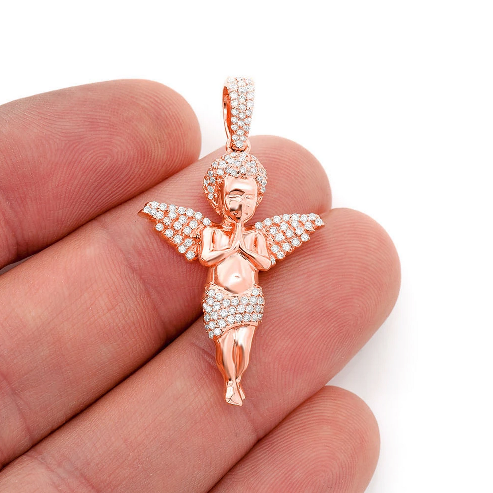 Petite Praying Angel Pendant in 14K rose gold, angled view