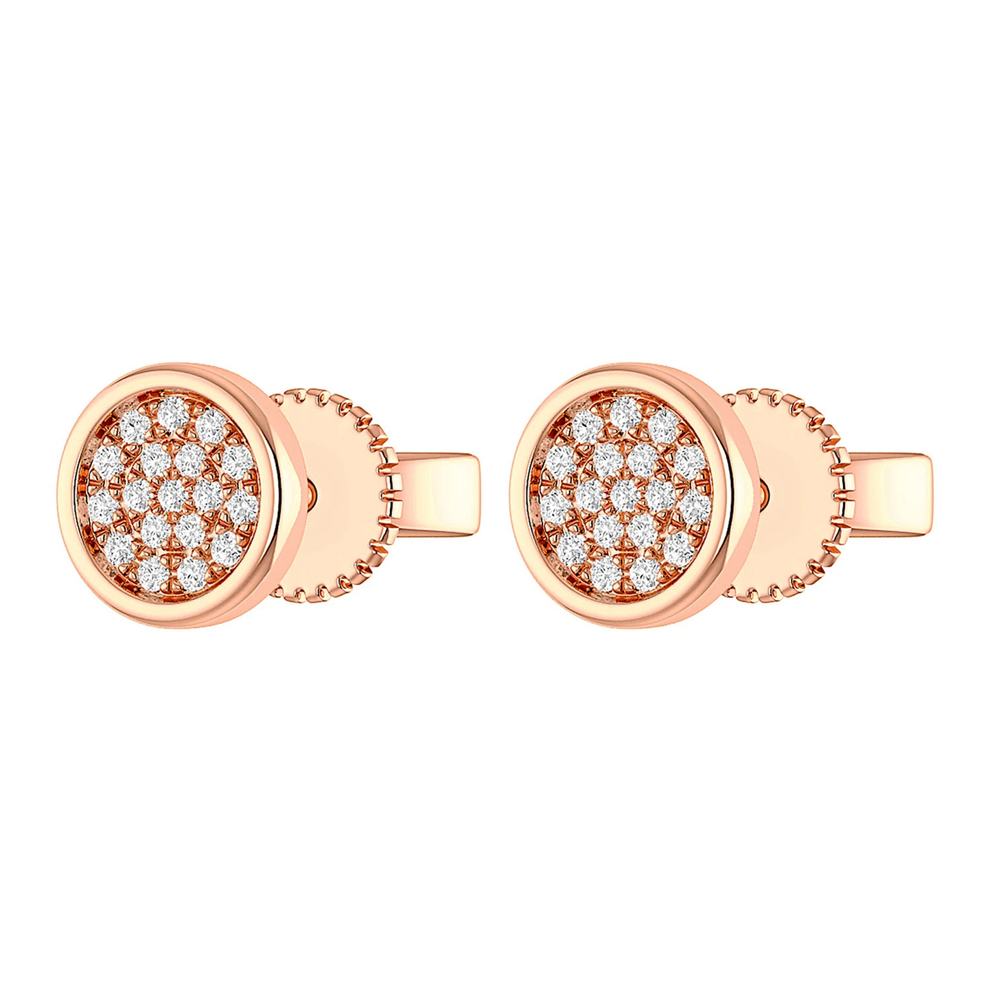 Bezel Cluster Diamond Stud Earrings in 14K rose gold, angled view