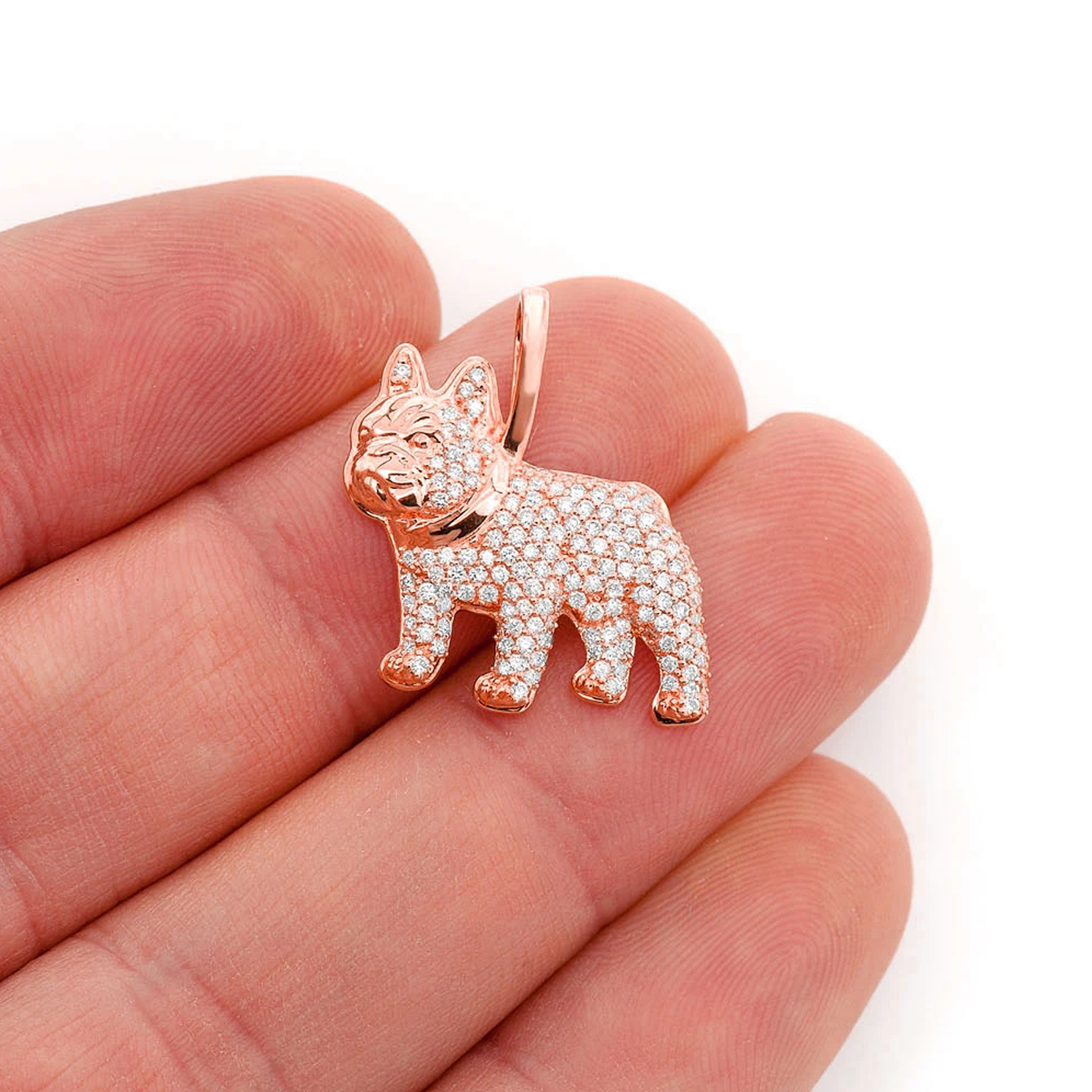 French Bulldog Diamond Pendant in 14K rose gold, Signature | 0.65ctw, angled view